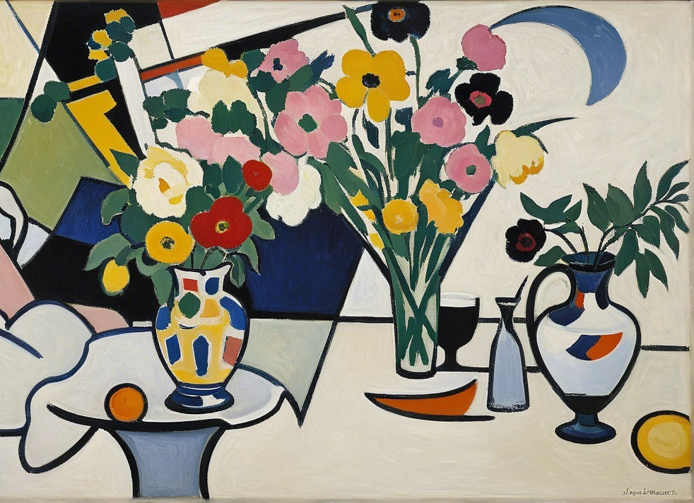 Vibrant Still Life with Colorful Flowers and Objects