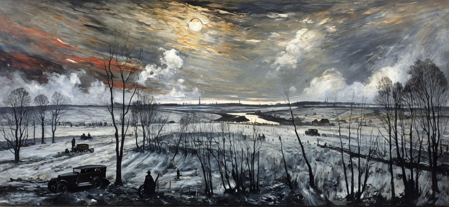 Cold Wintry Landscape with Barren Trees and Hills