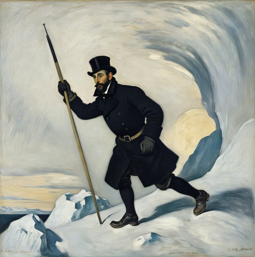 19th-Century Arctic Explorer in Snowy Landscape