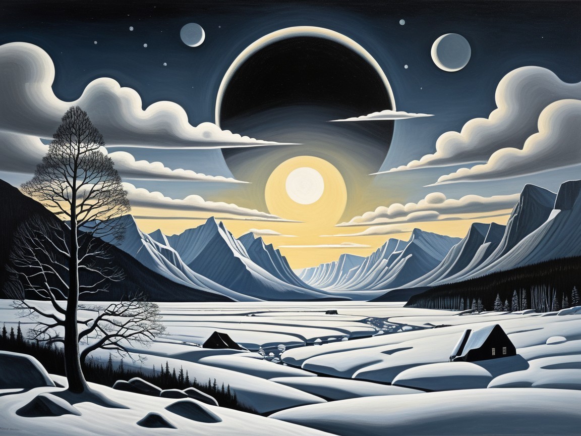 Winter Landscape with Solar Eclipse and Mountains