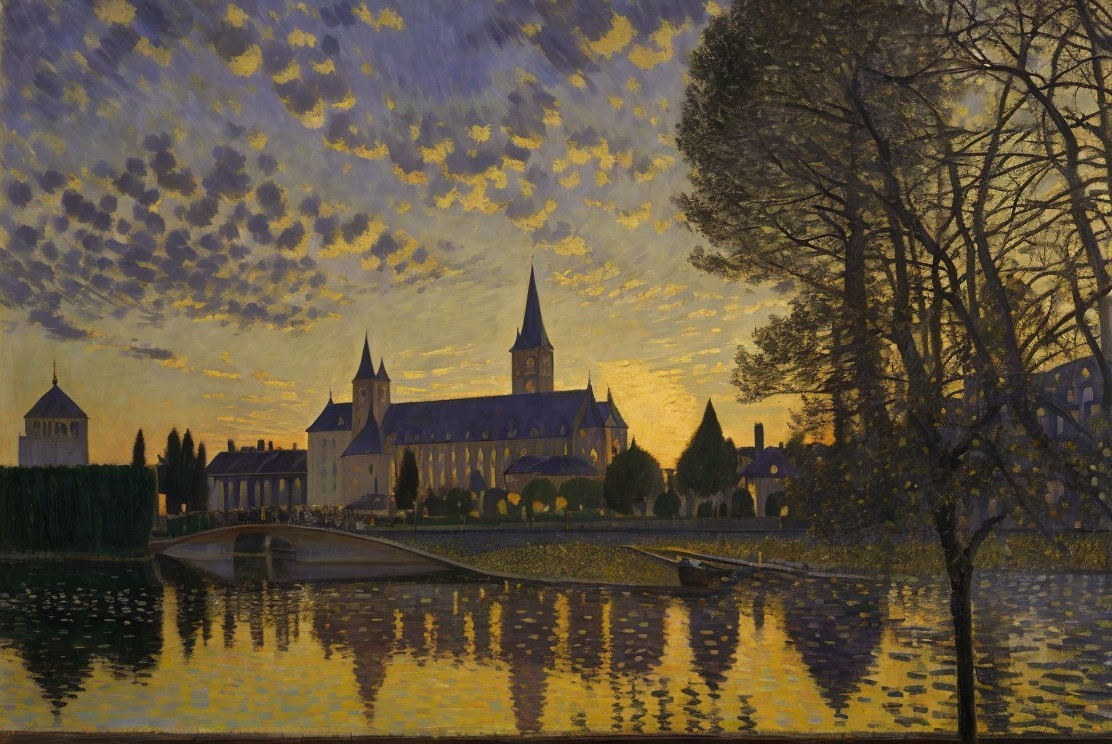 Serene Sunset Over River with Reflections and Trees