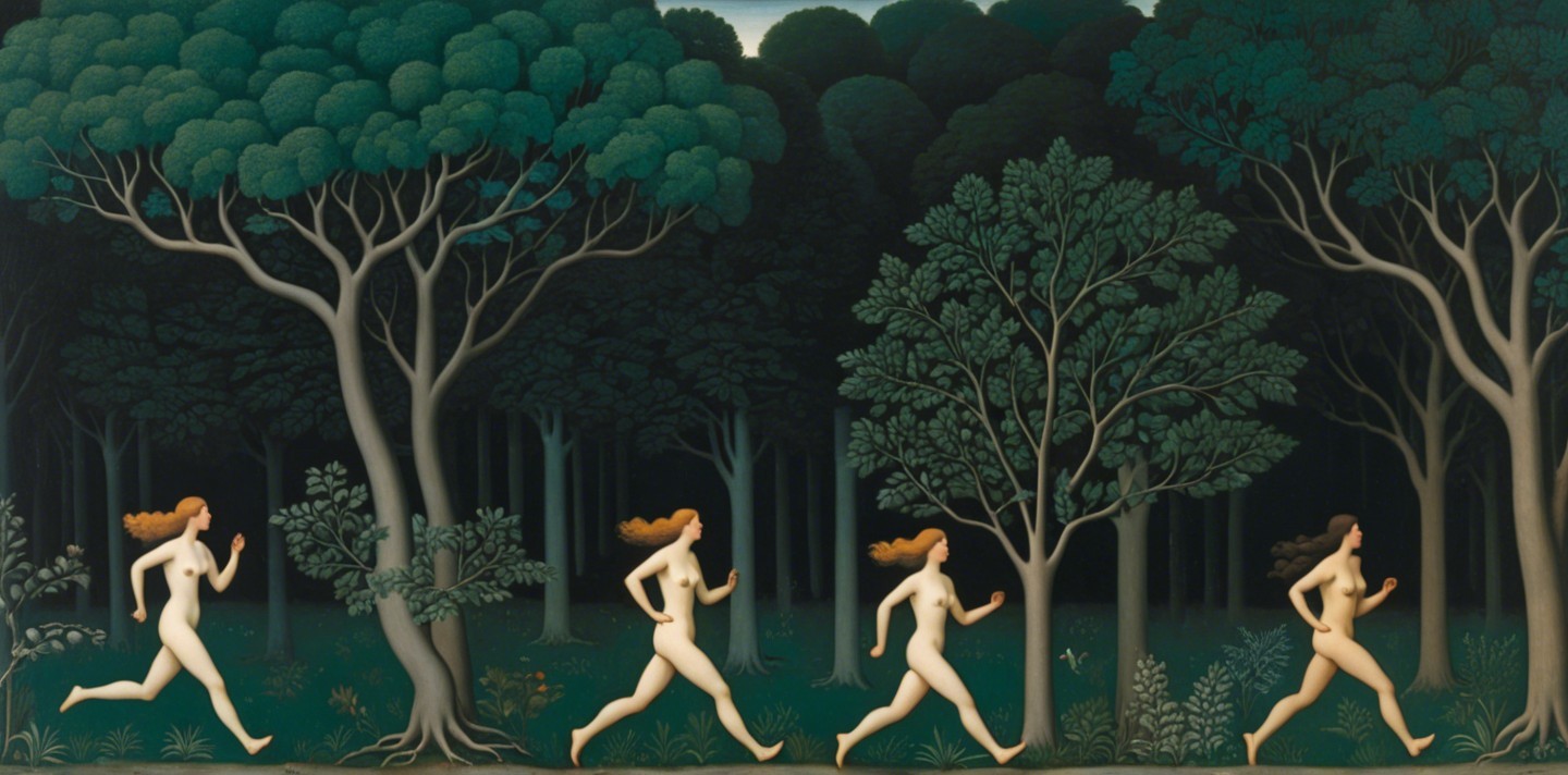 Stylized Figures Running Through a Dense Forest Scene