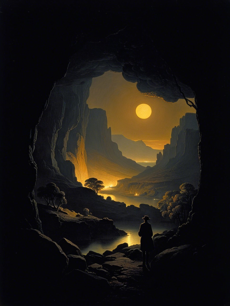 Nighttime Cave Scene with Moonlit Valley View