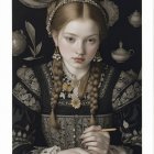 Young girl in ornate dress sitting at a table