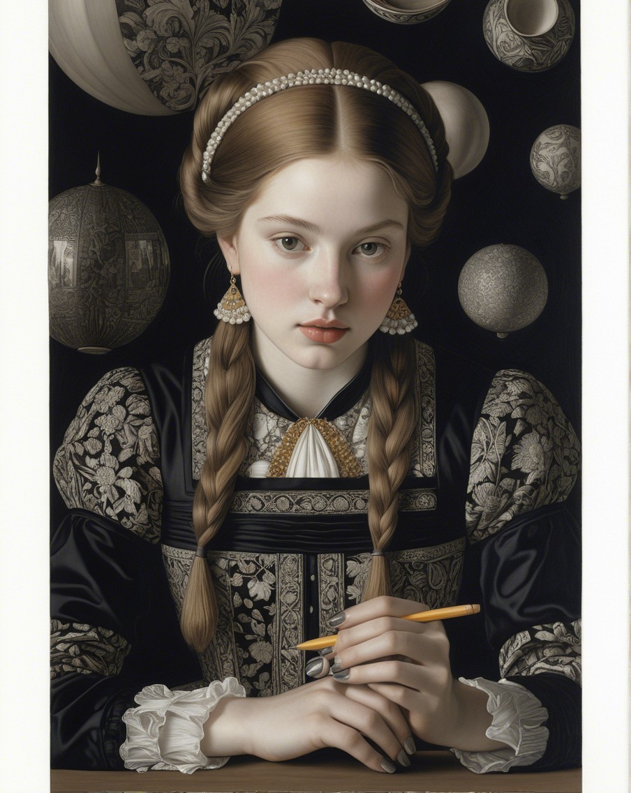 Young girl in ornate dress sitting at a table