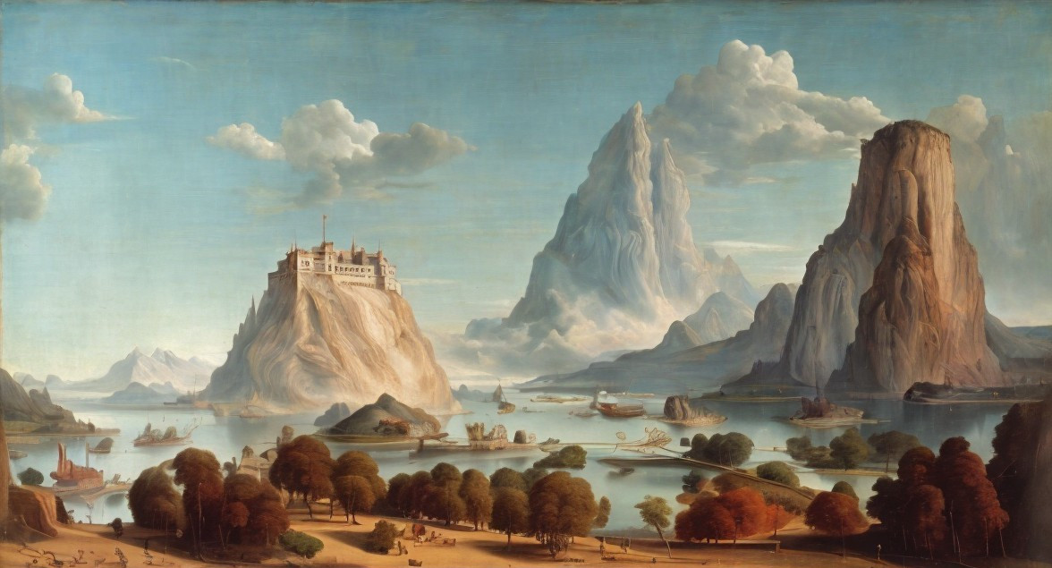 Fantastical Landscape with Castle, Lake, and Mountains