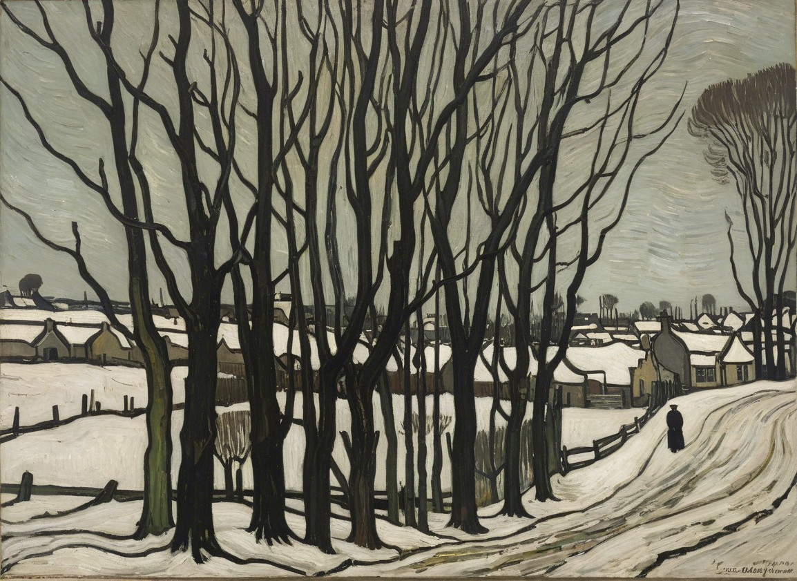 Winter Landscape with Bare Trees and Snowy Village