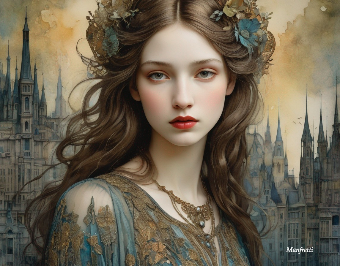 Digital Artwork: Young Woman in Floral Crown and Vintage Dress by Fantasy Castle