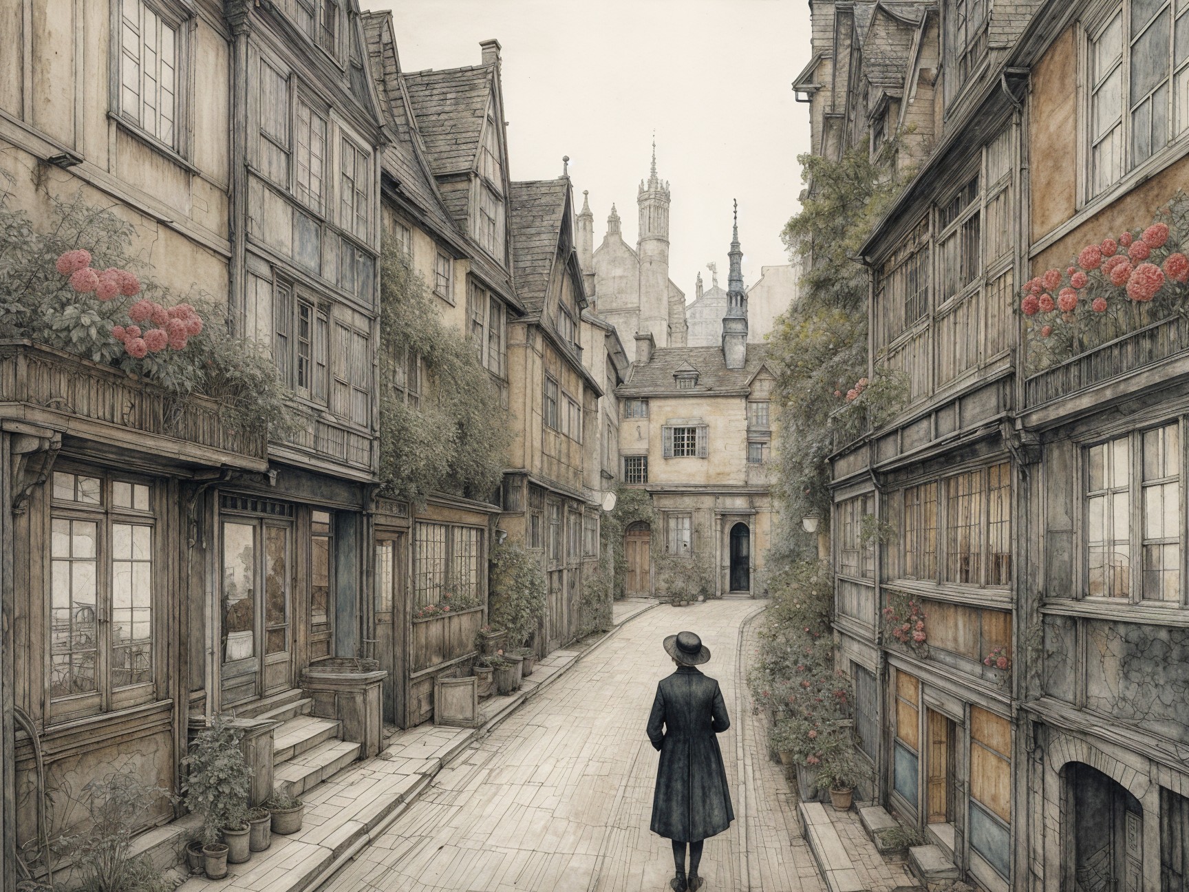 Charming cobblestone street with historic buildings