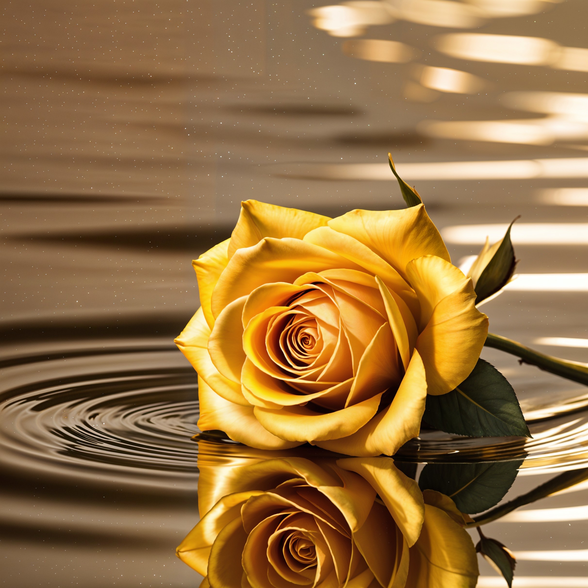 Yellow Rose Floating on Calm Water with Reflections
