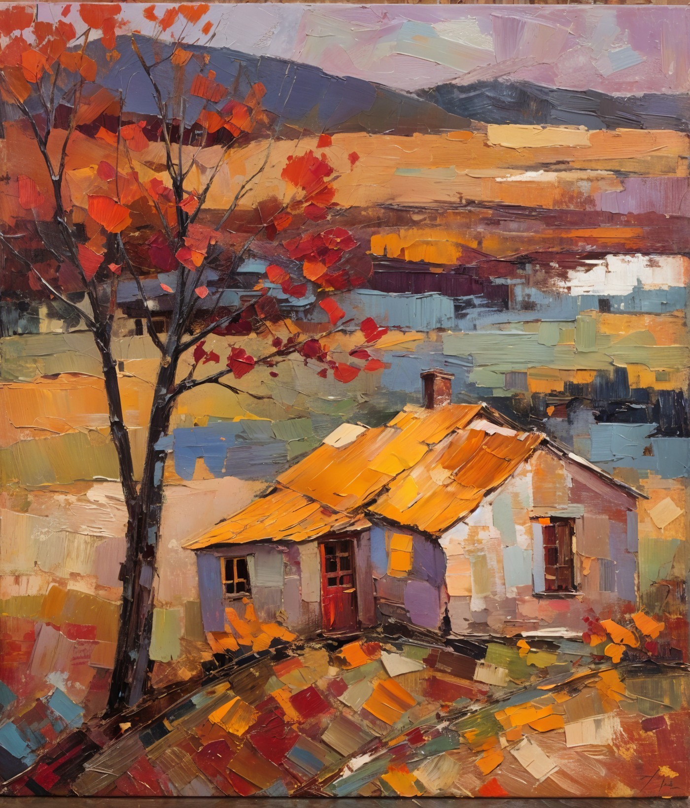 Charming Countryside Scene with Rustic House and Trees