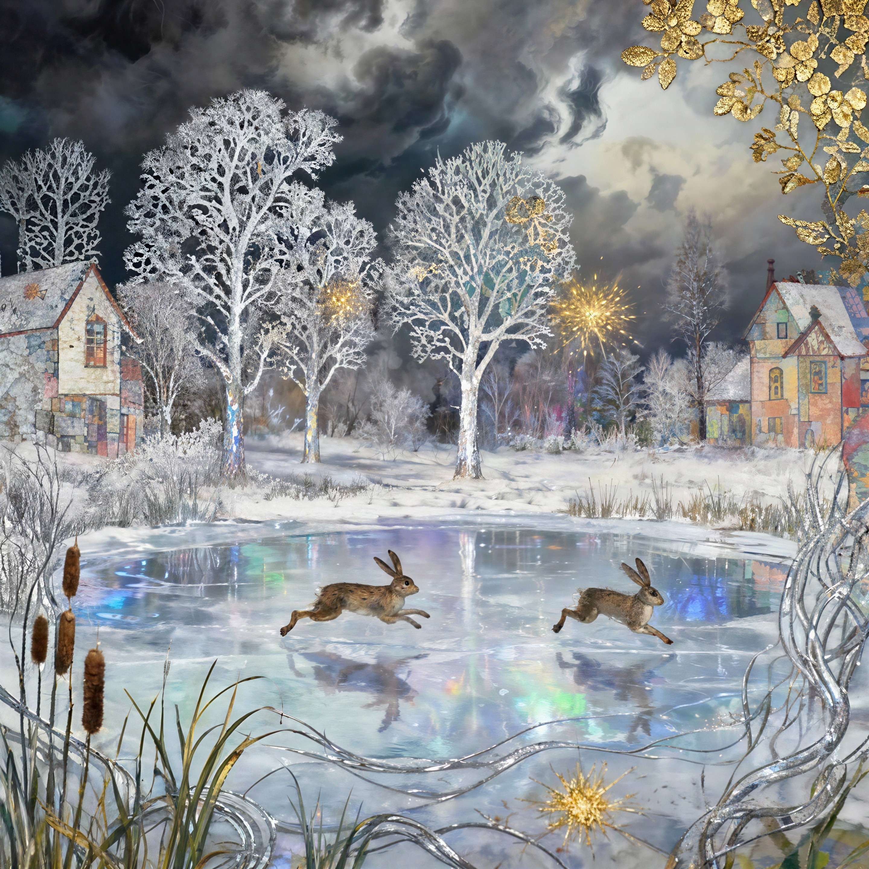Magical Winter Landscape with Hares and Colorful Ice