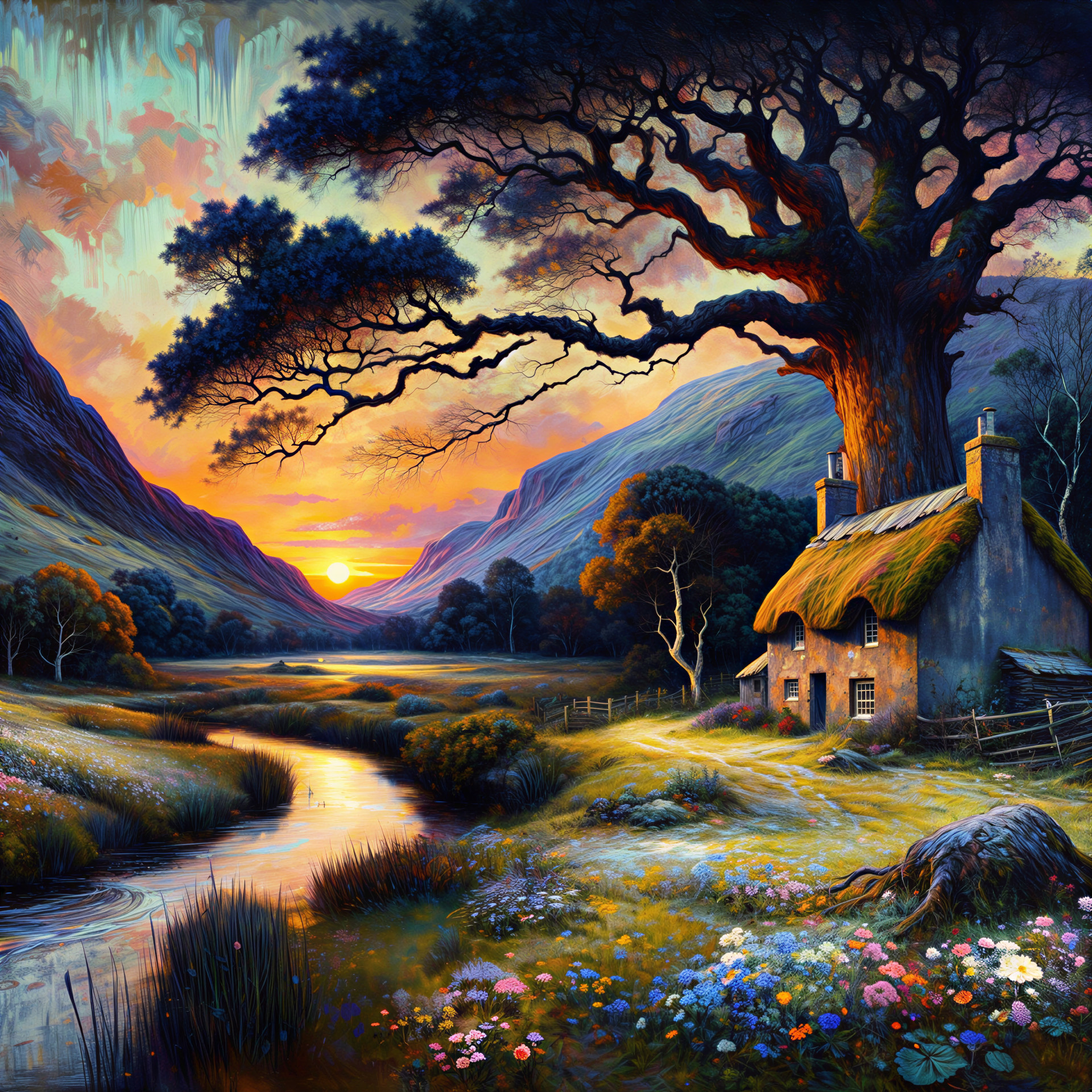 Serene Sunset Landscape with Cottage and Mountains