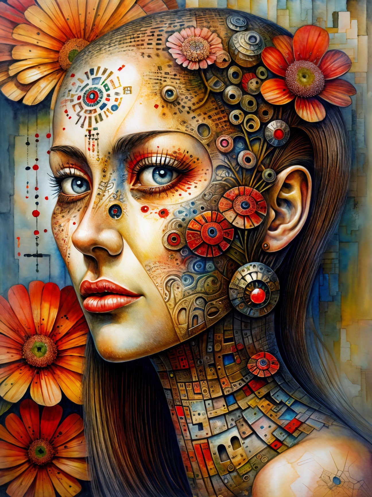 Female Portrait with Floral and Mechanical Patterns