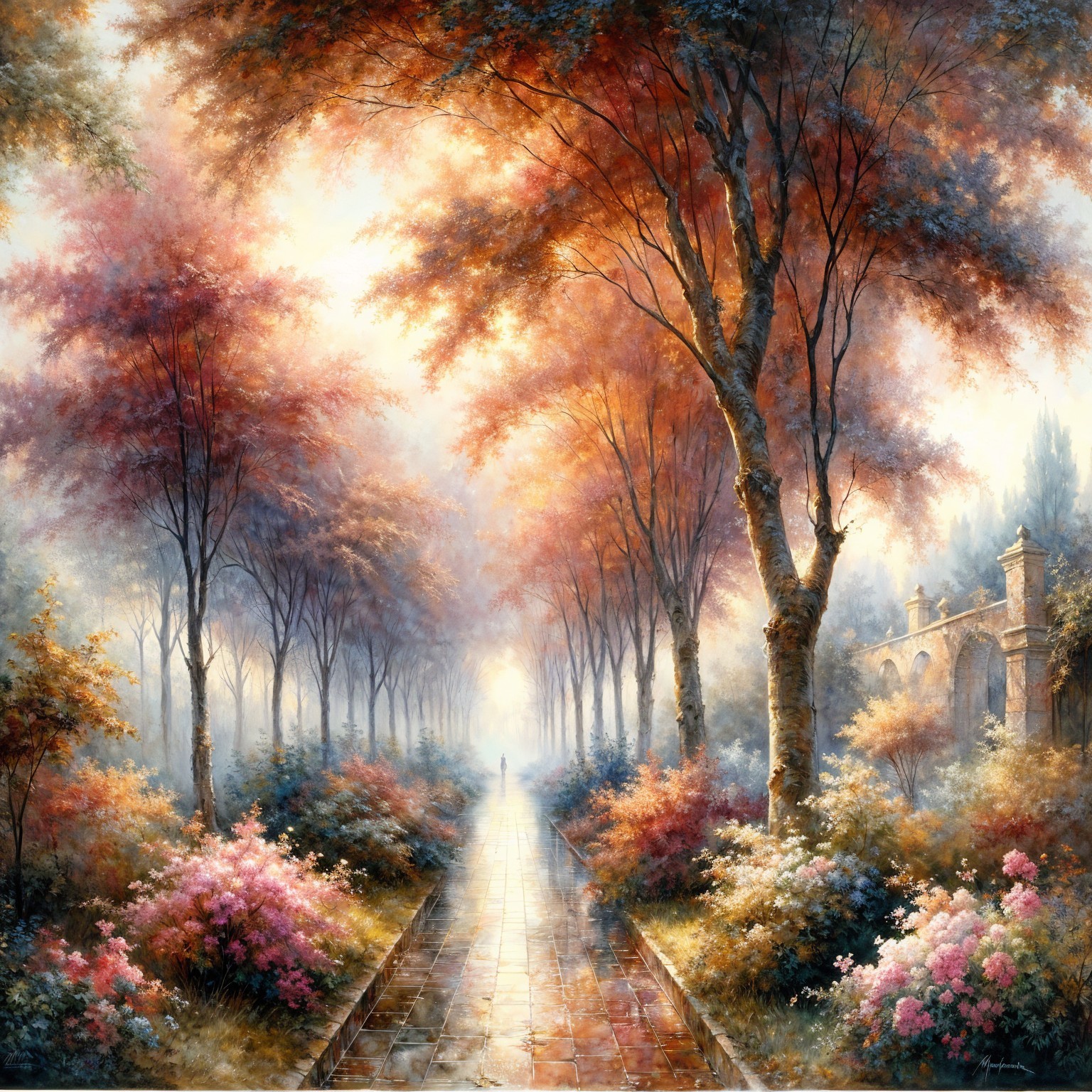 Autumn Pathway with Vibrant Colors and Misty Light