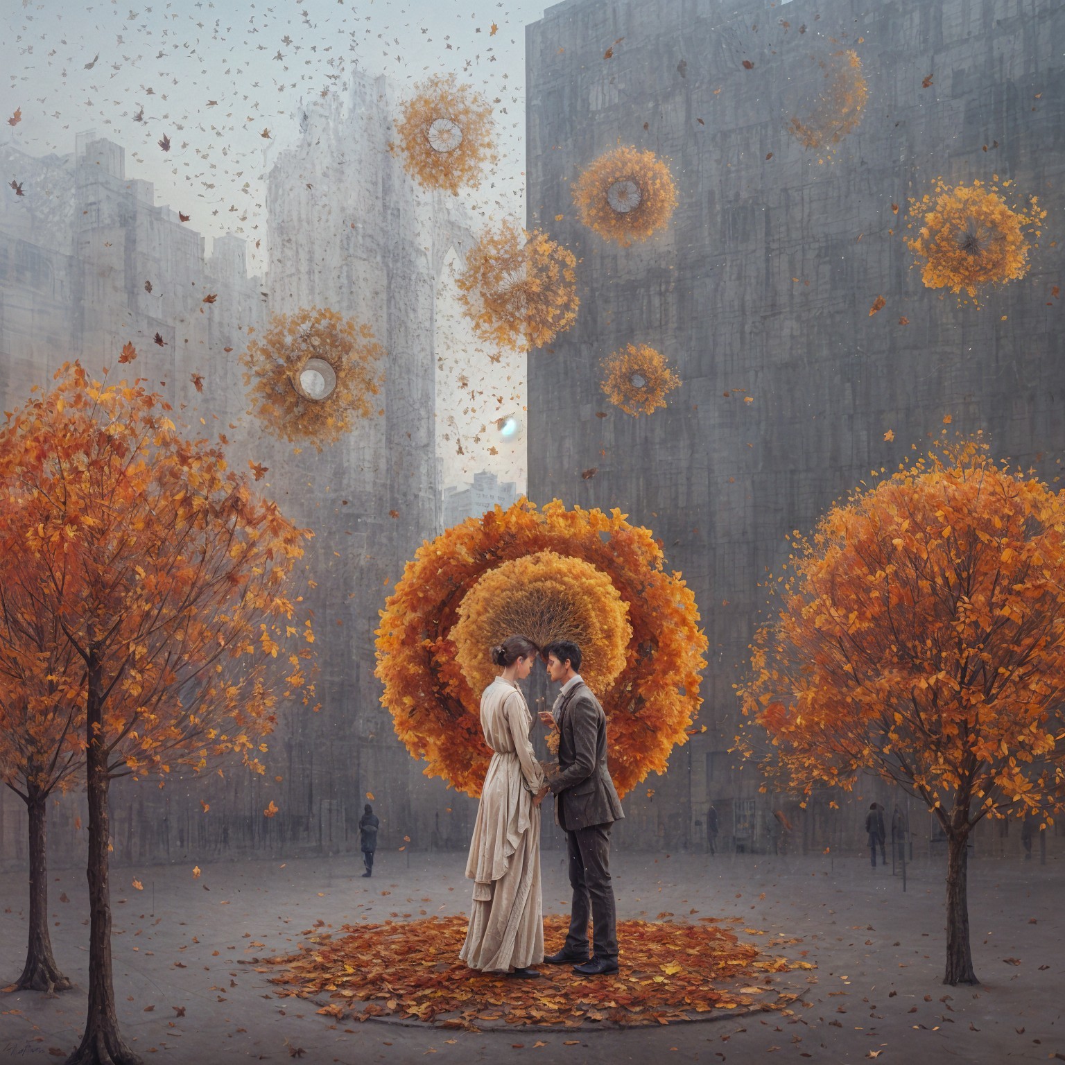 Surreal Urban Landscape with Embracing Couple and Trees