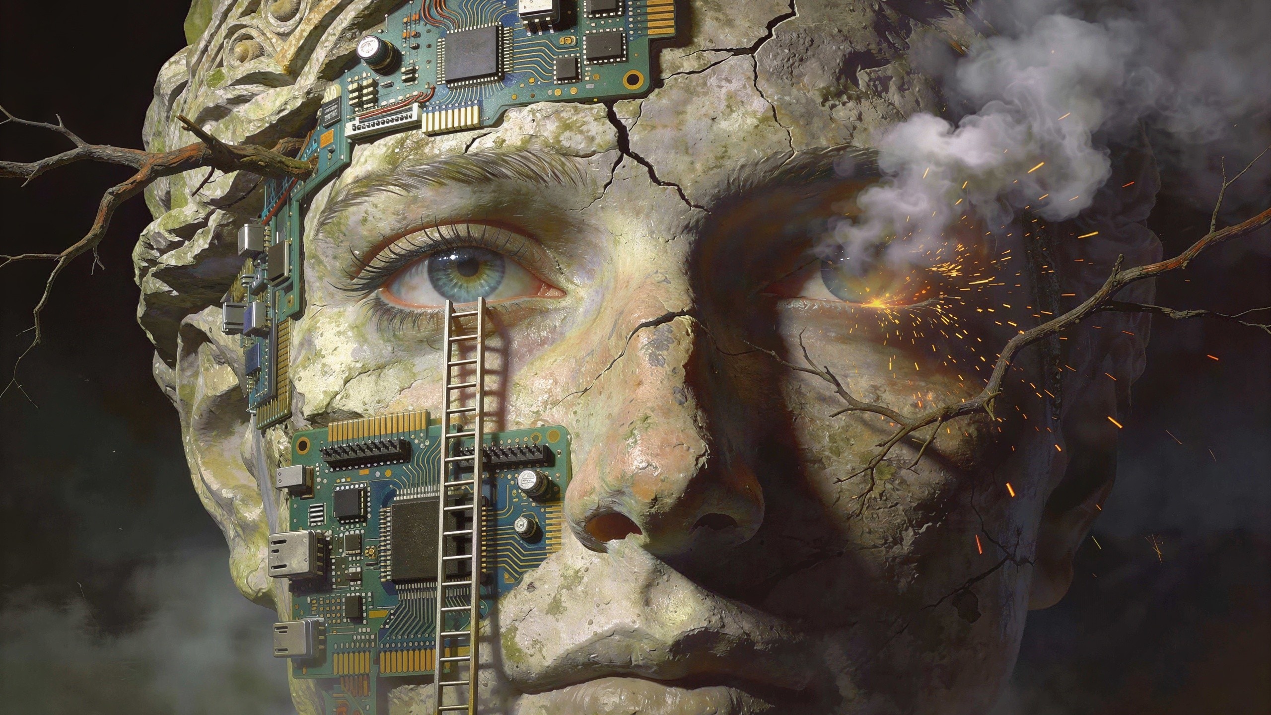 Close-up of a damaged stone statue with circuits