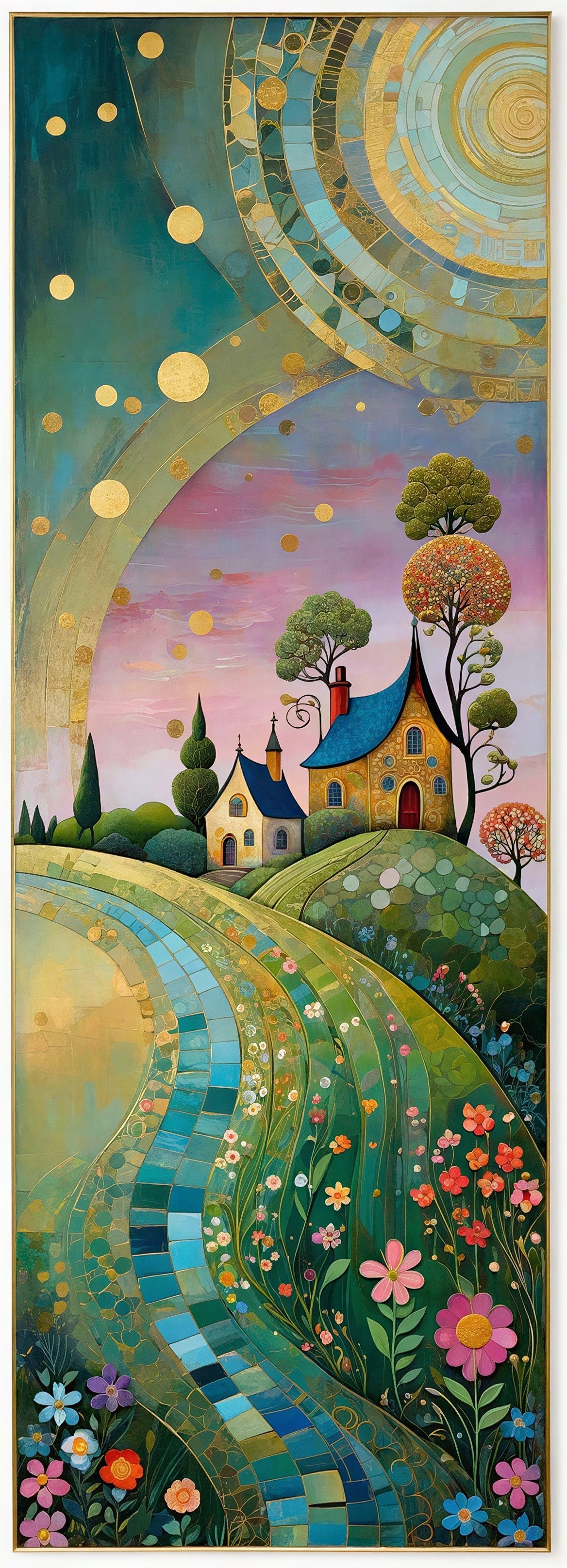 Whimsical Watercolor Landscape with Mosaic Elements