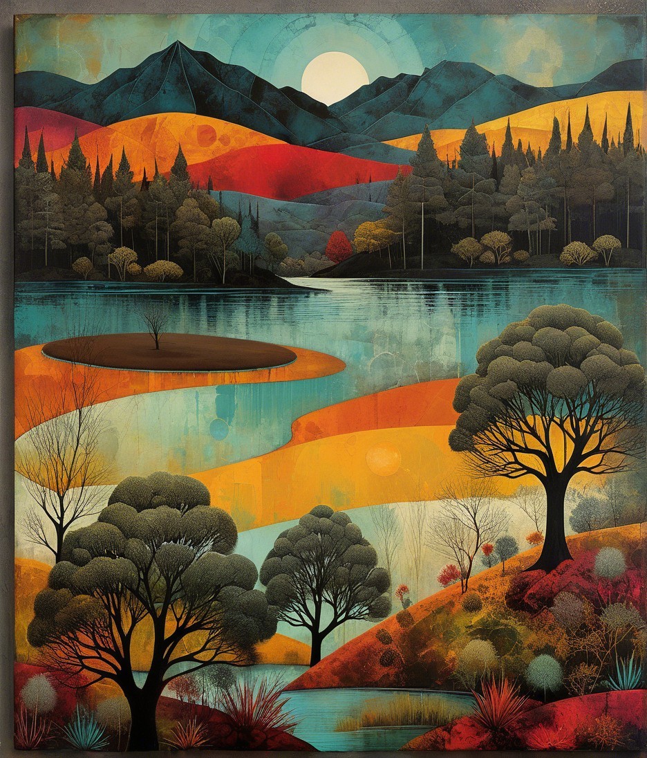Vibrant Landscape with Hills, Trees, and Lake Reflection