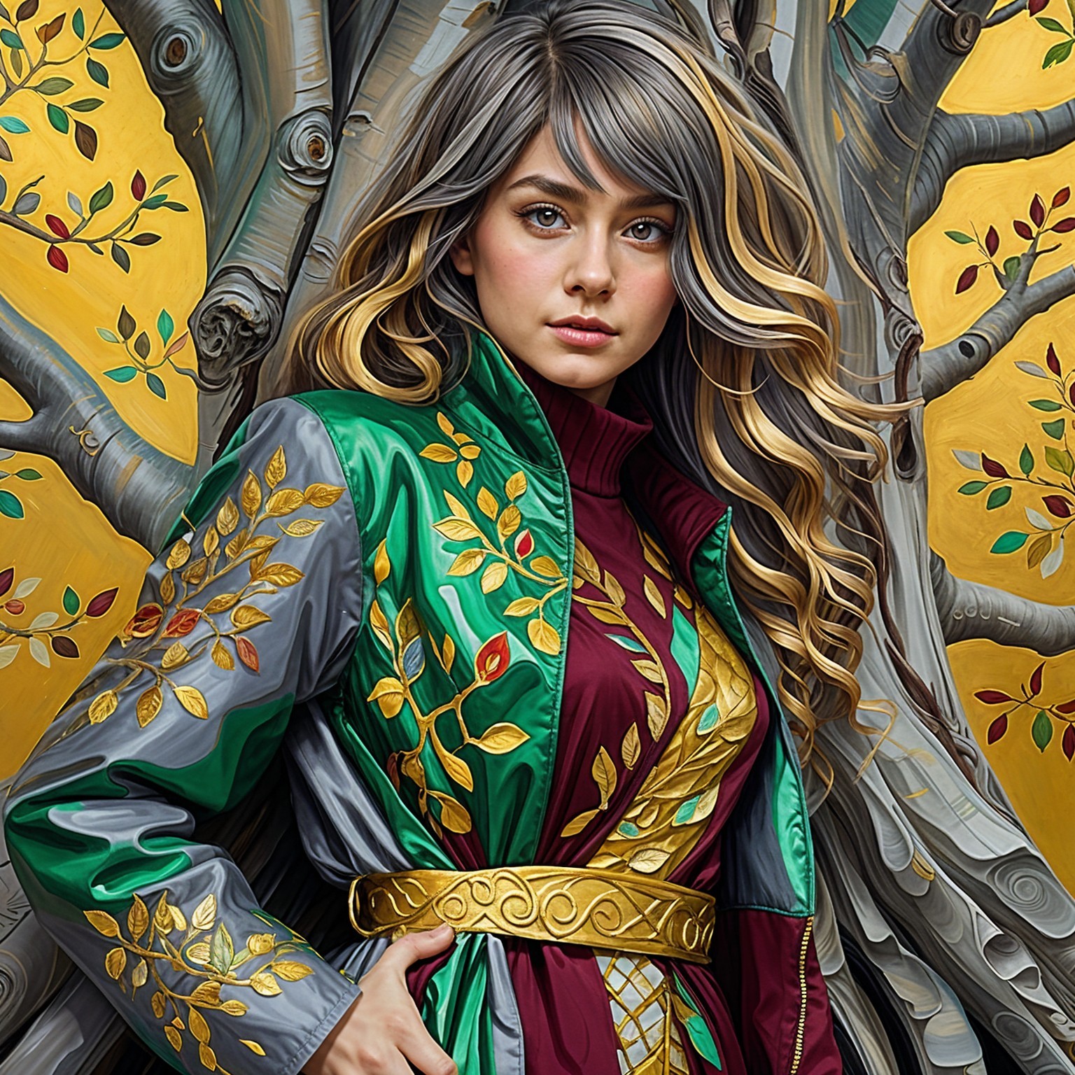 Young woman in stylish jacket by vibrant tree backdrop