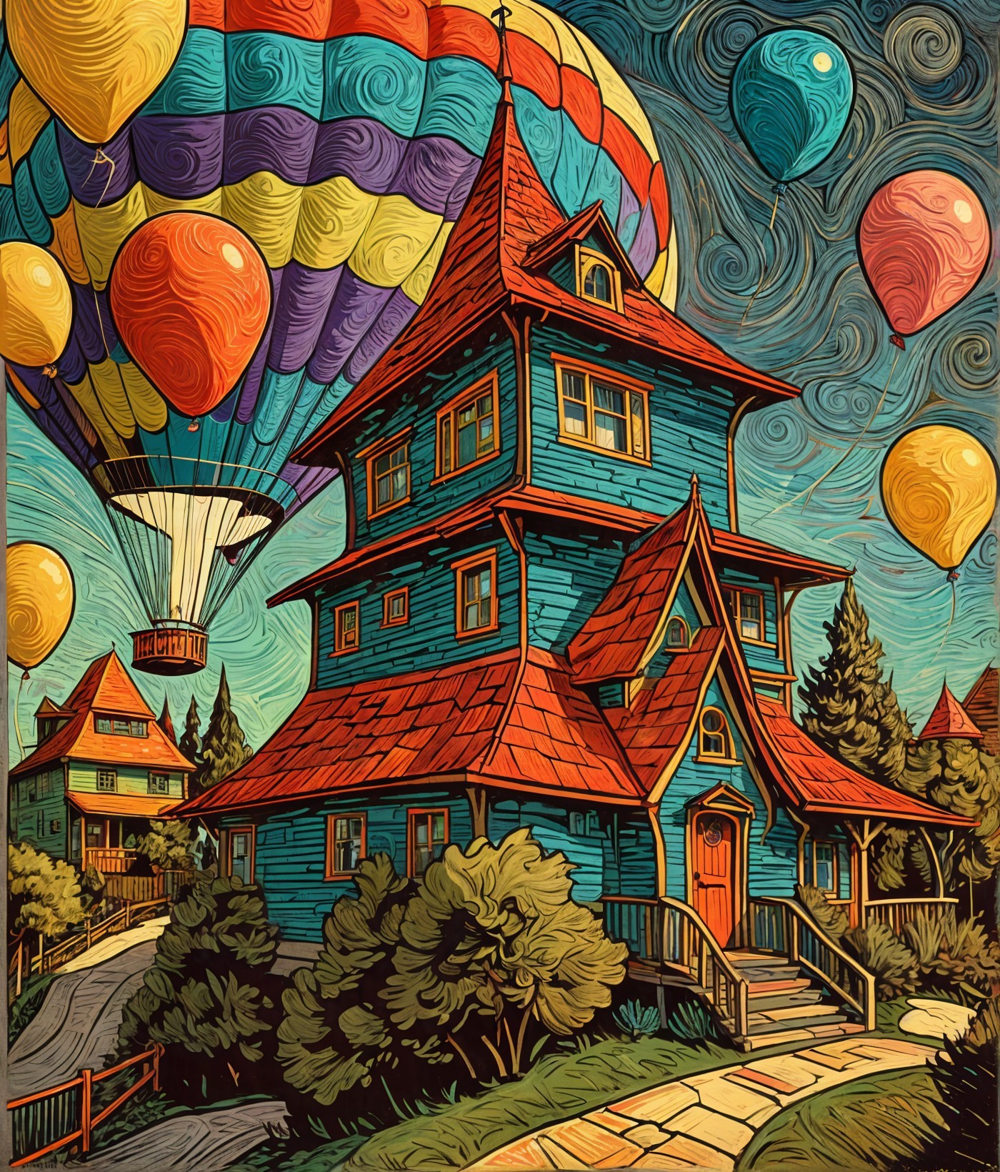 Whimsical House with Balloons and Dreamlike Sky