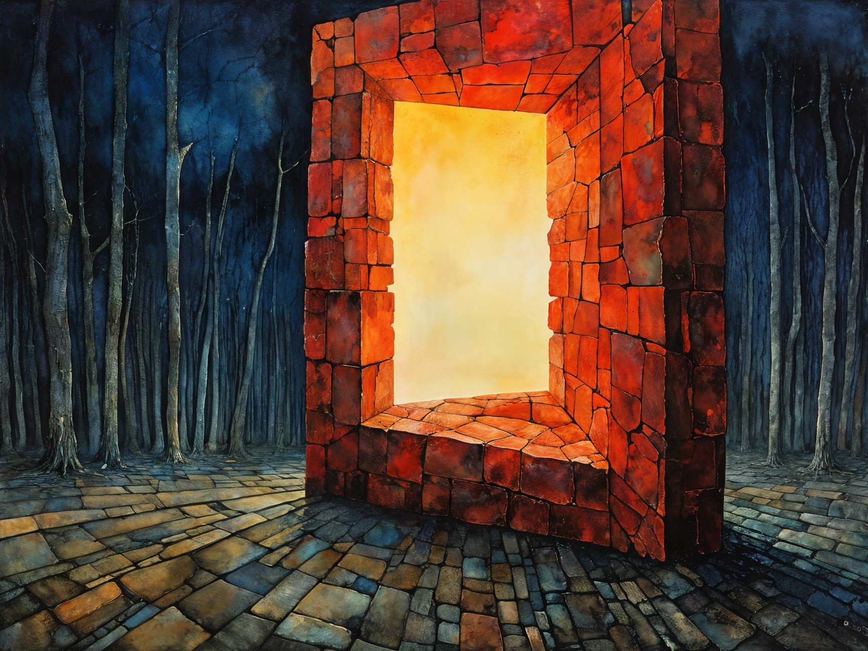 Orange Portal Surrounded by Red Bricks and Trees