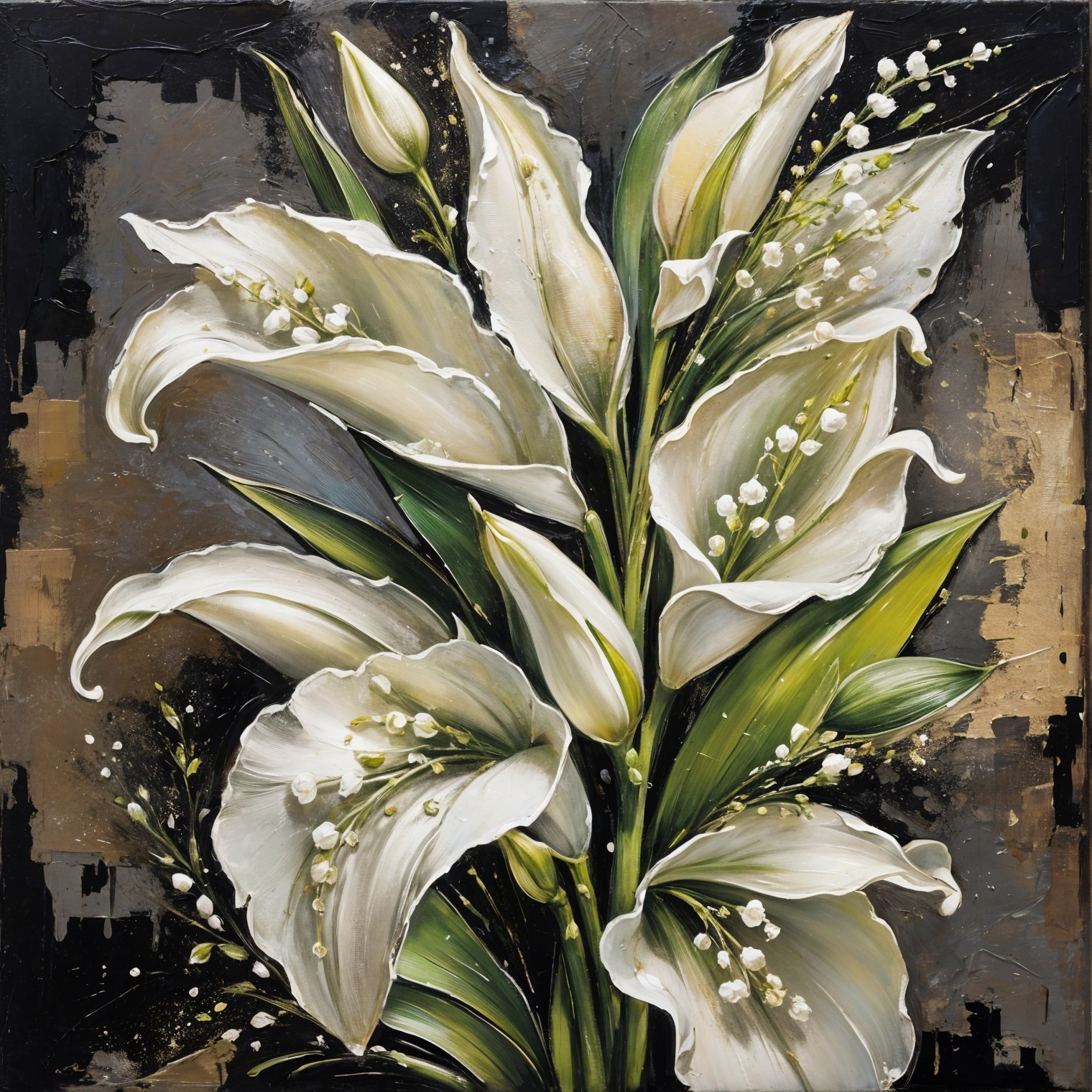 White Lilies Bouquet with Green Leaves on Dark Background