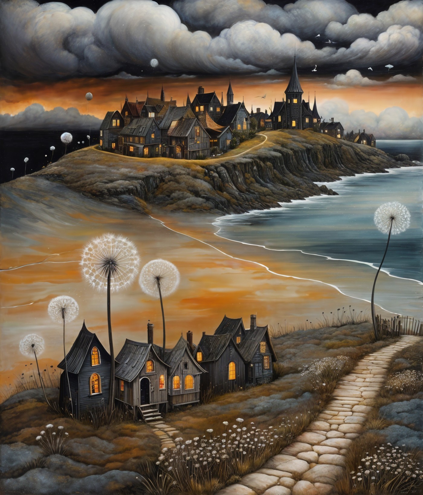 Whimsical Coastal Landscape with Enchanting Elements