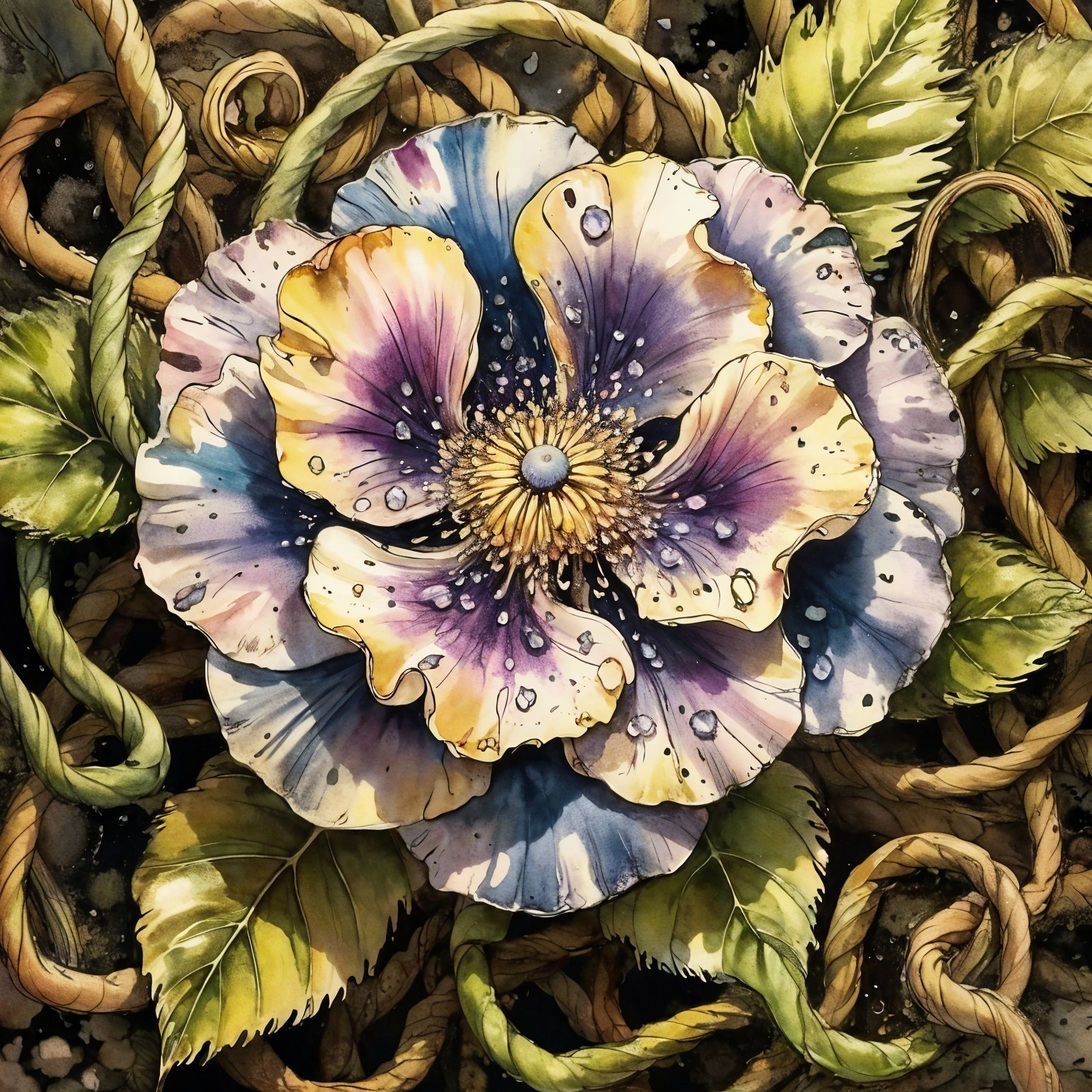 Vibrant Flower with Purple and Yellow Petals and Leaves