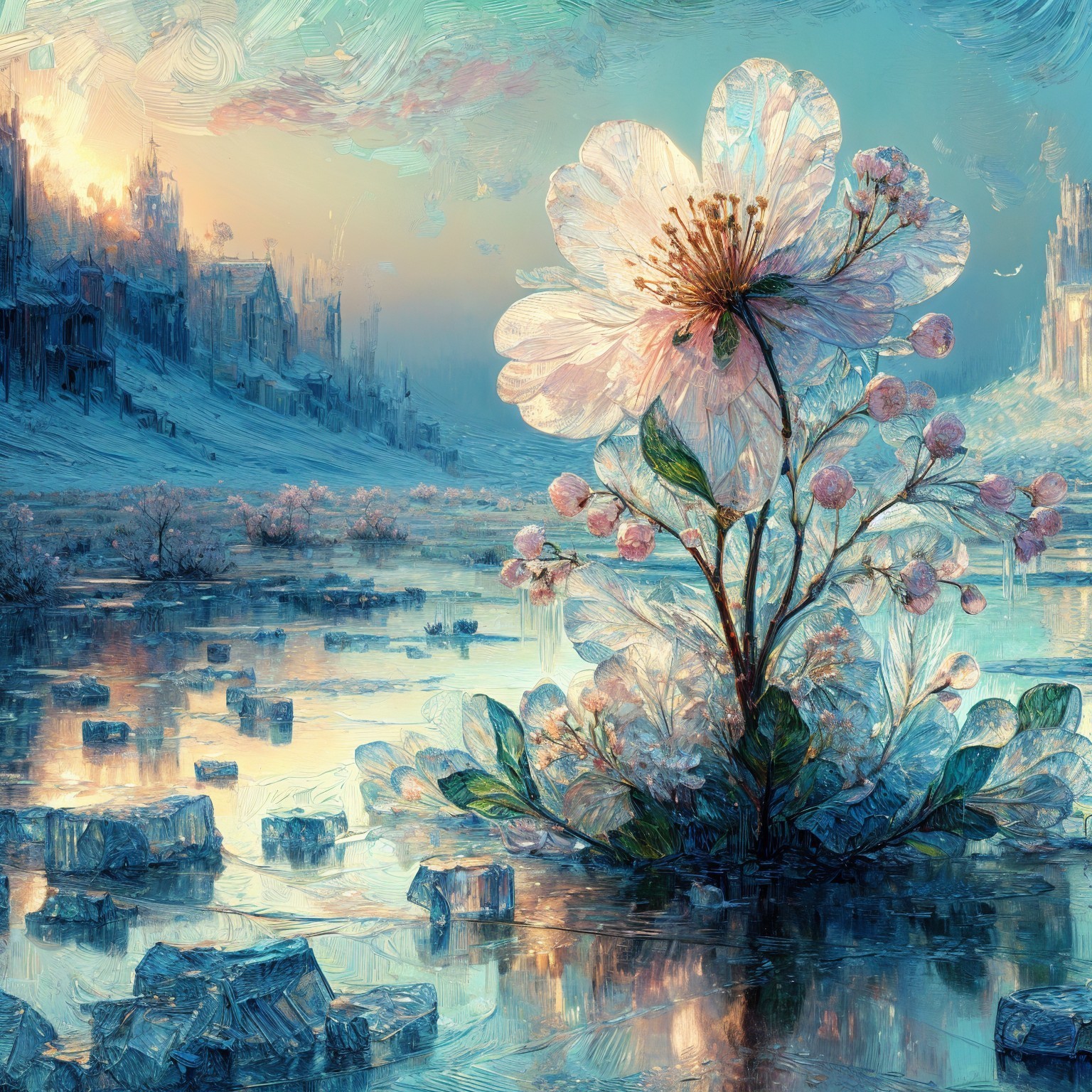 Serene Landscape with Flower and Reflective Water