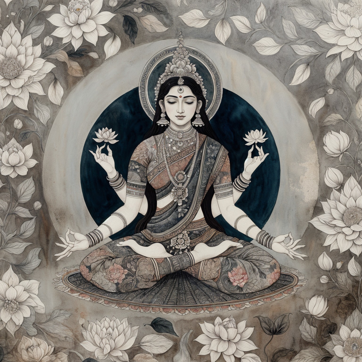 Goddess Figure in Meditative Pose with Lotus Flowers