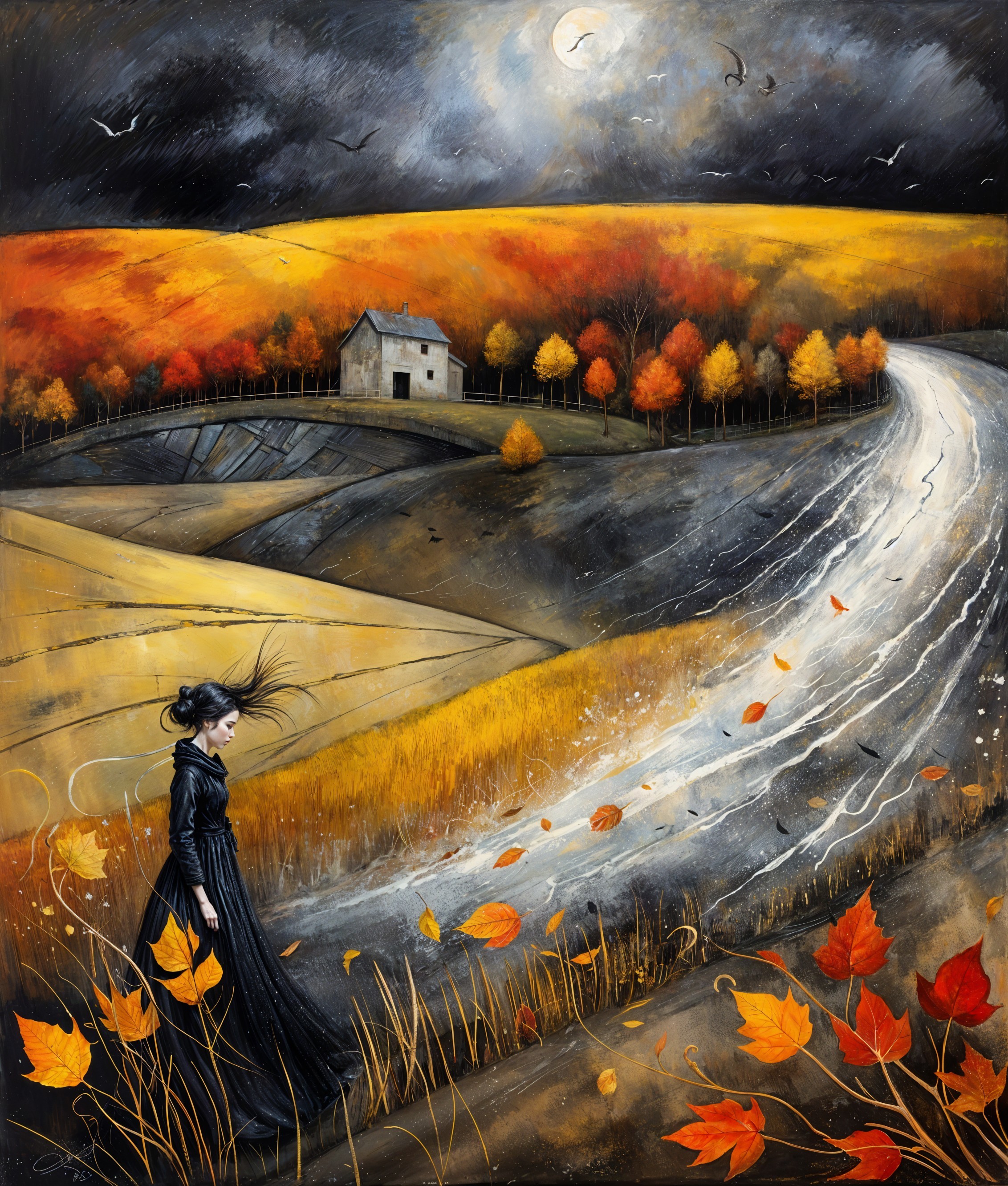 Solitary Figure in Black Dress Amid Autumn Landscape