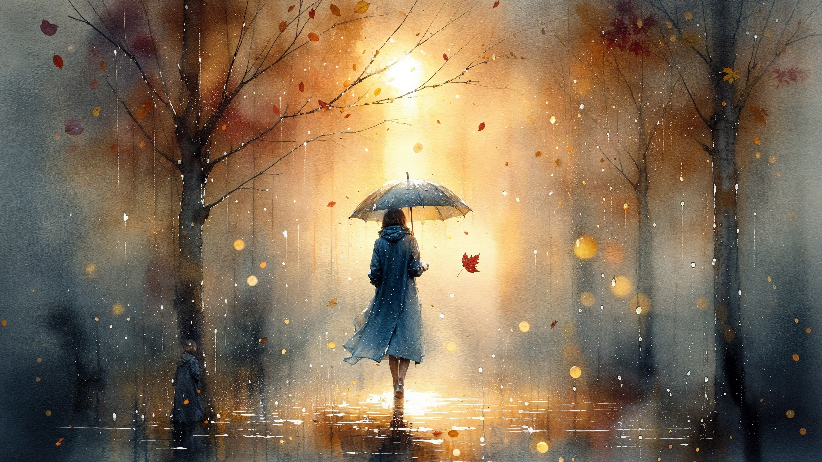 Solitary figure on a serene autumn path with mist