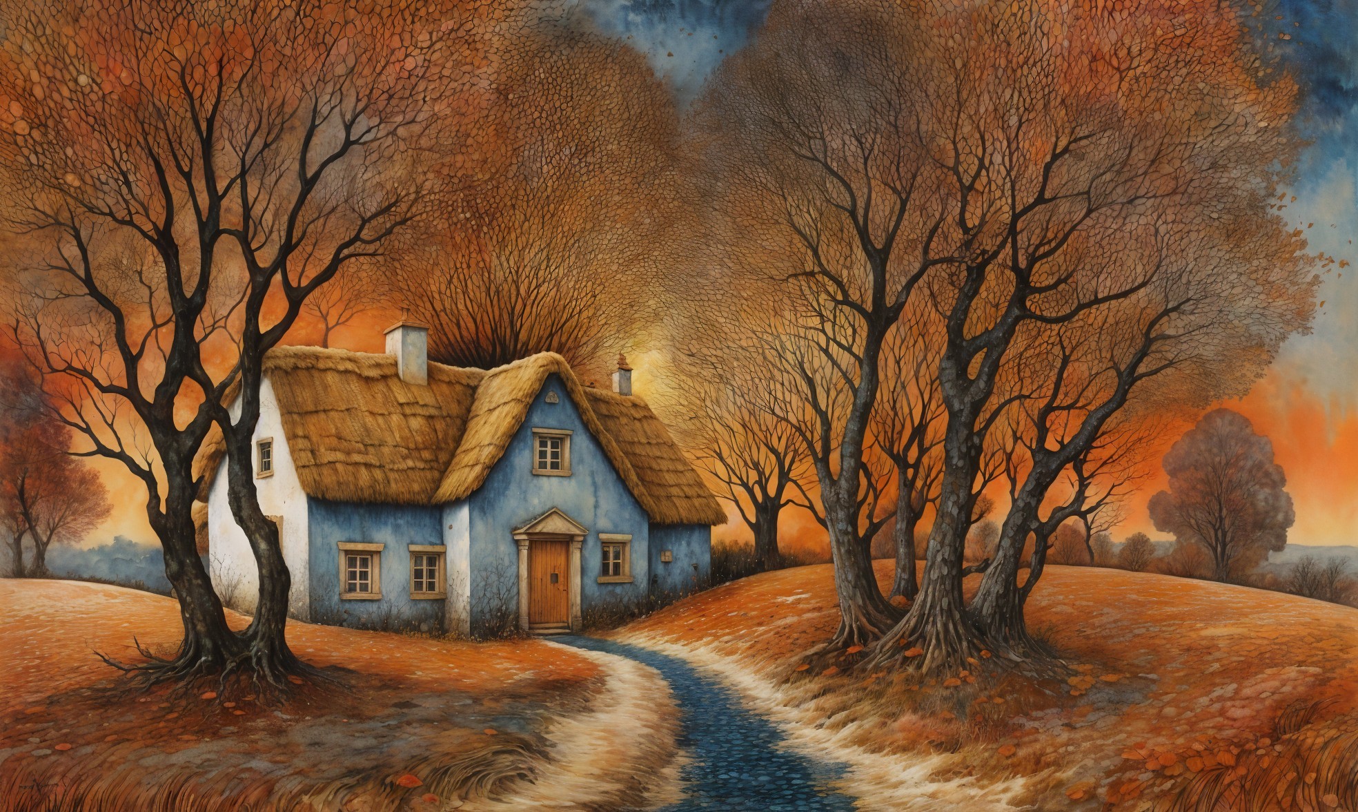 Cottage with Thatched Roof in Autumn Landscape