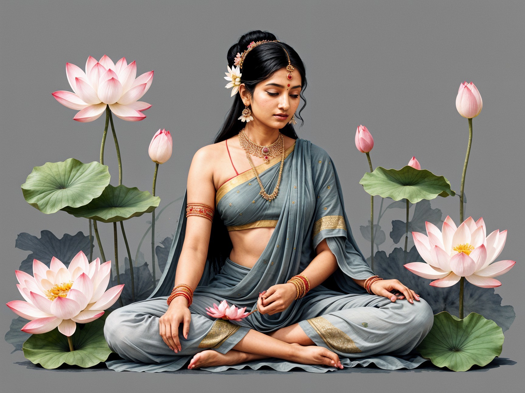Serene Woman in Light Blue Saree Surrounded by Lotuses