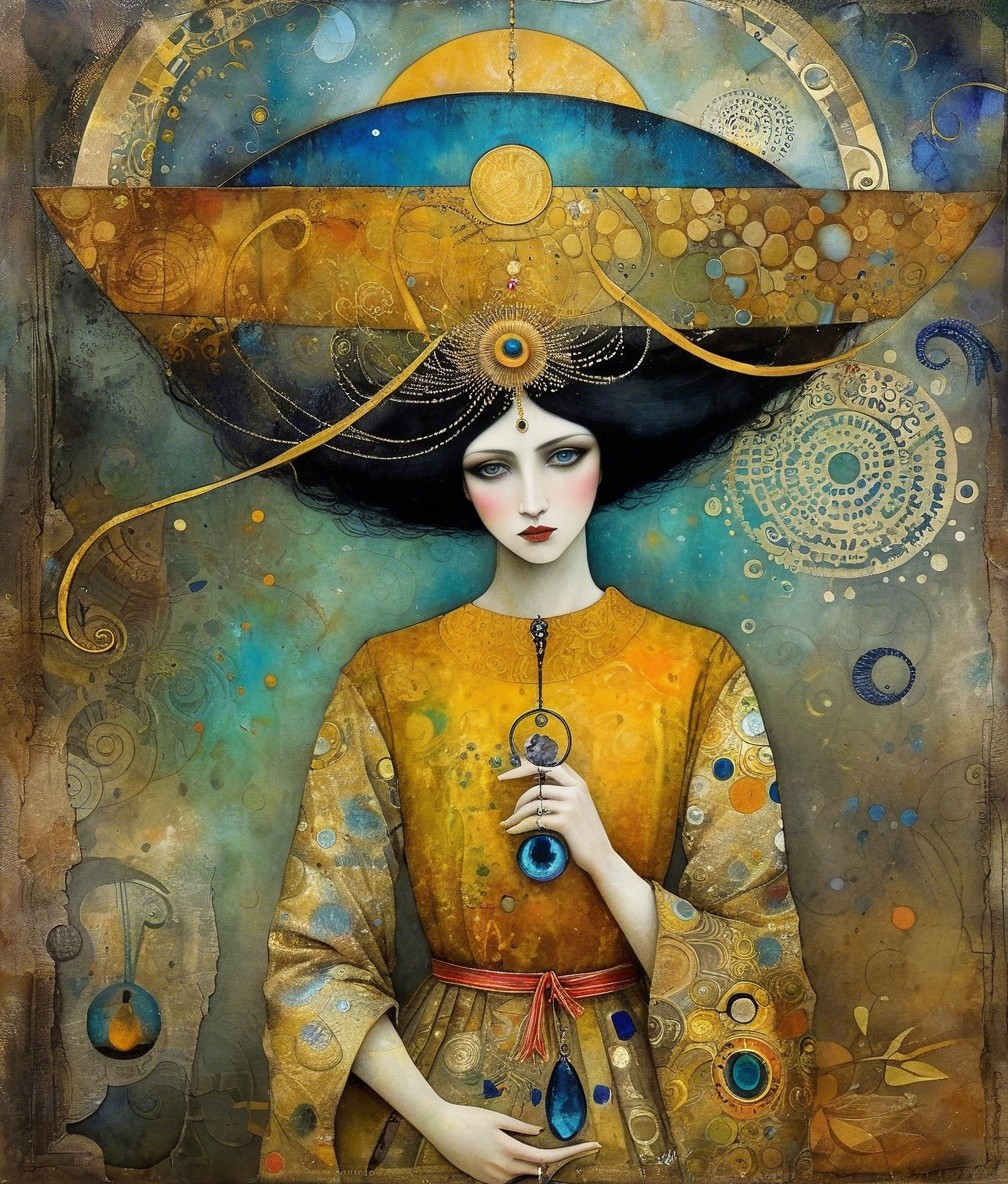 Woman in ornate golden dress with celestial motifs