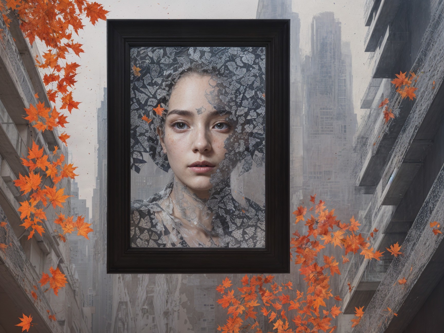 Portrait of a Young Woman with Butterfly Wings and Leaves
