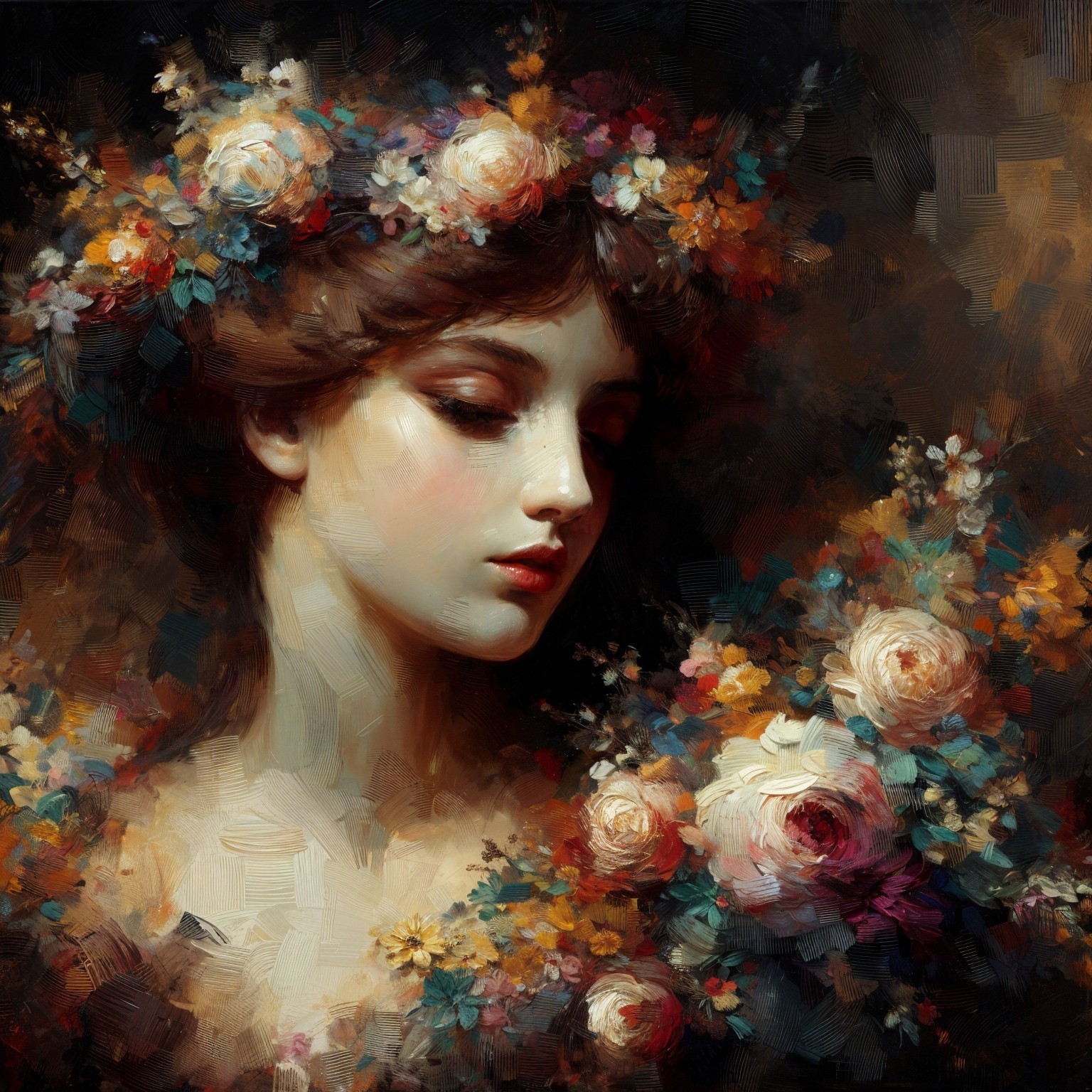 Serene Young Woman with Floral Crown and Blossoms