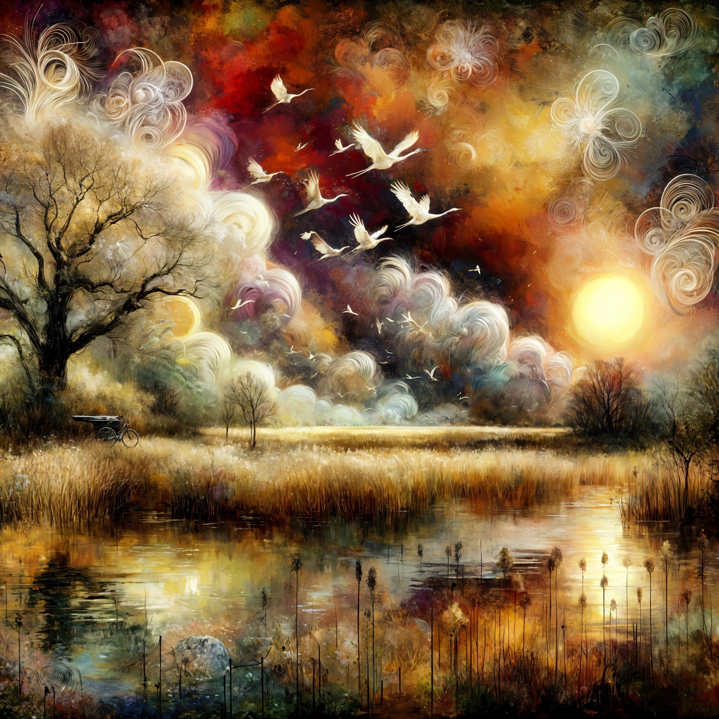 Vibrant Dreamlike Landscape with Serene Lake and Cranes