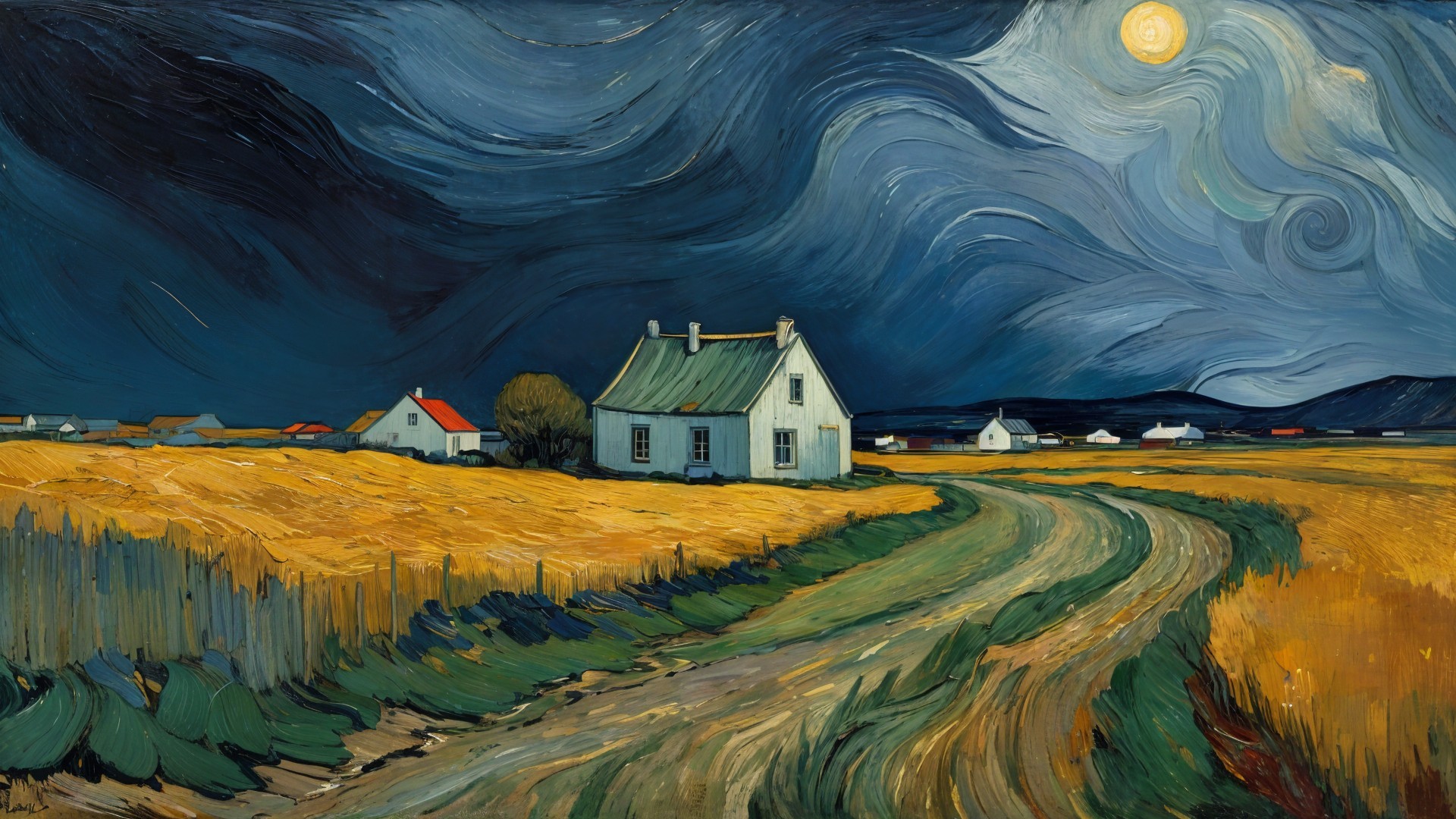 Serene Landscape with White House and Golden Fields