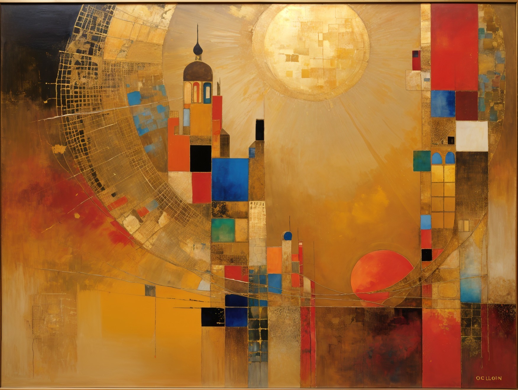 Geometric Shapes and Cityscape in Warm Colors