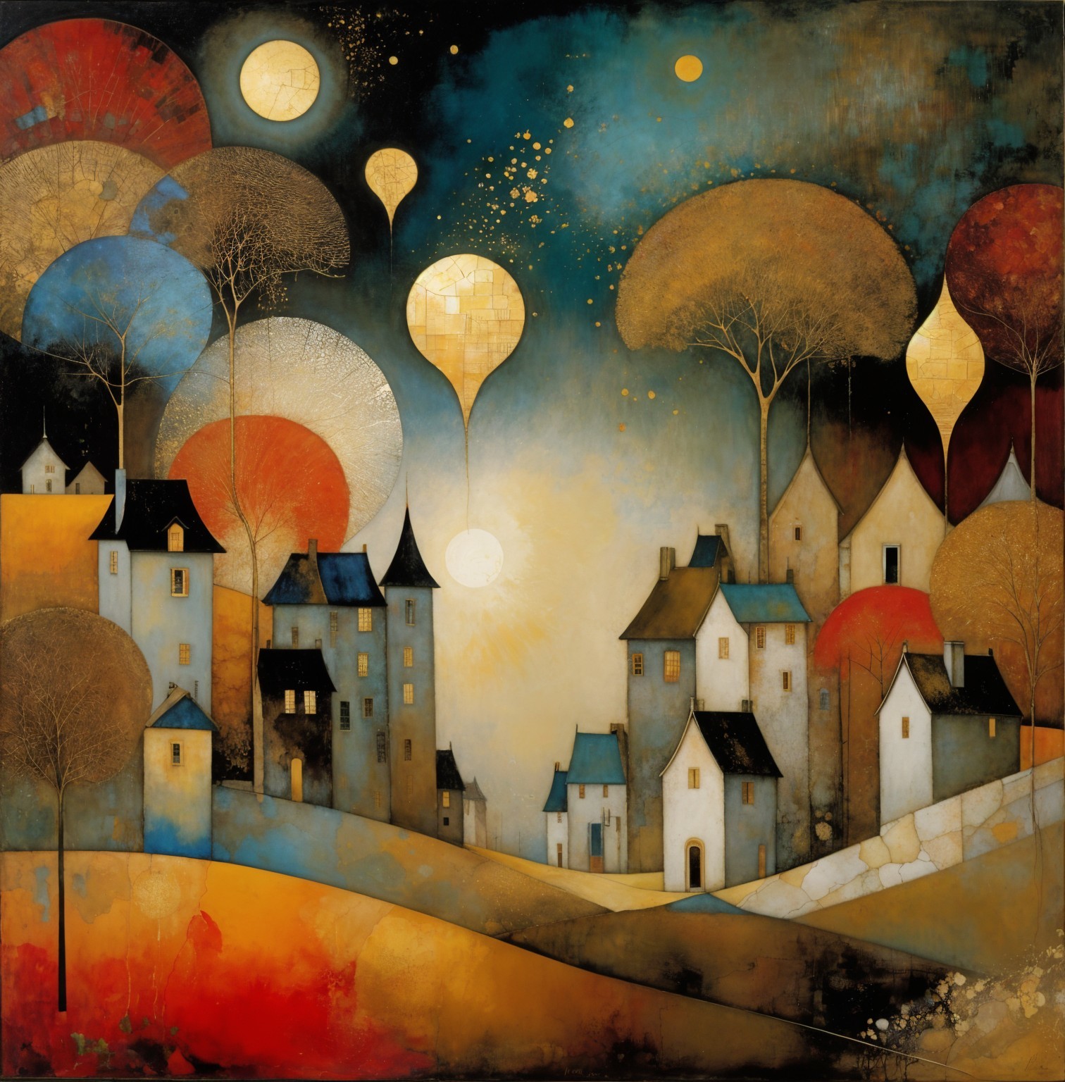Whimsical Village Landscape at Dusk with Balloons