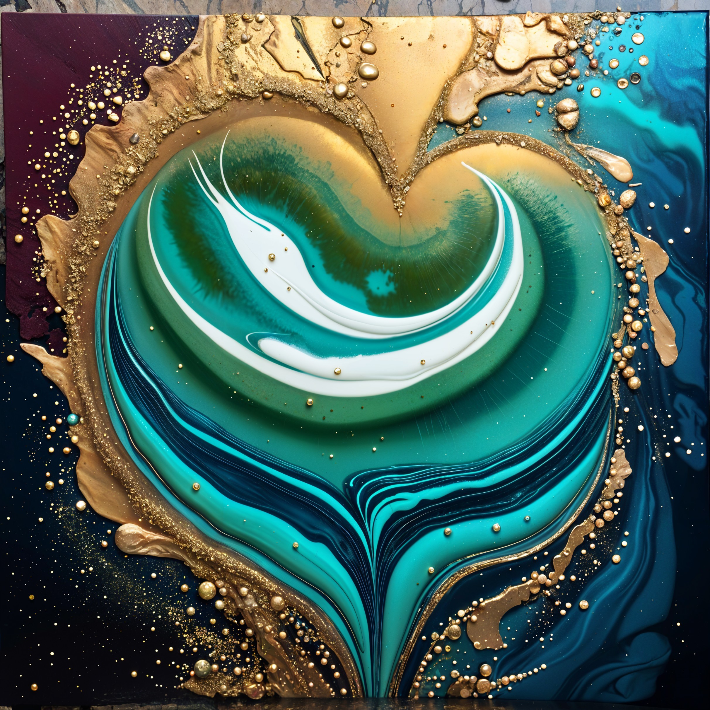 Abstract Heart Artwork with Teal and Gold Accents