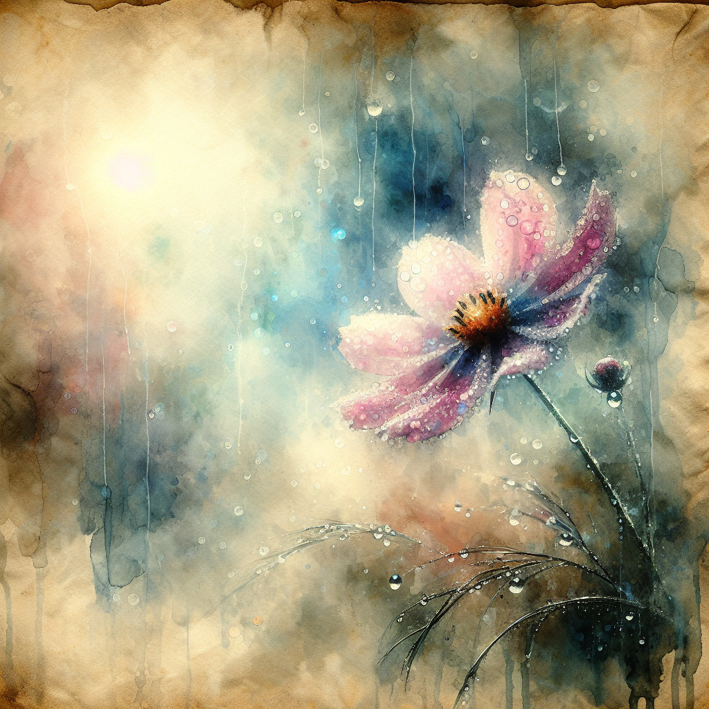 Delicate pink flower with shimmering raindrops backdrop