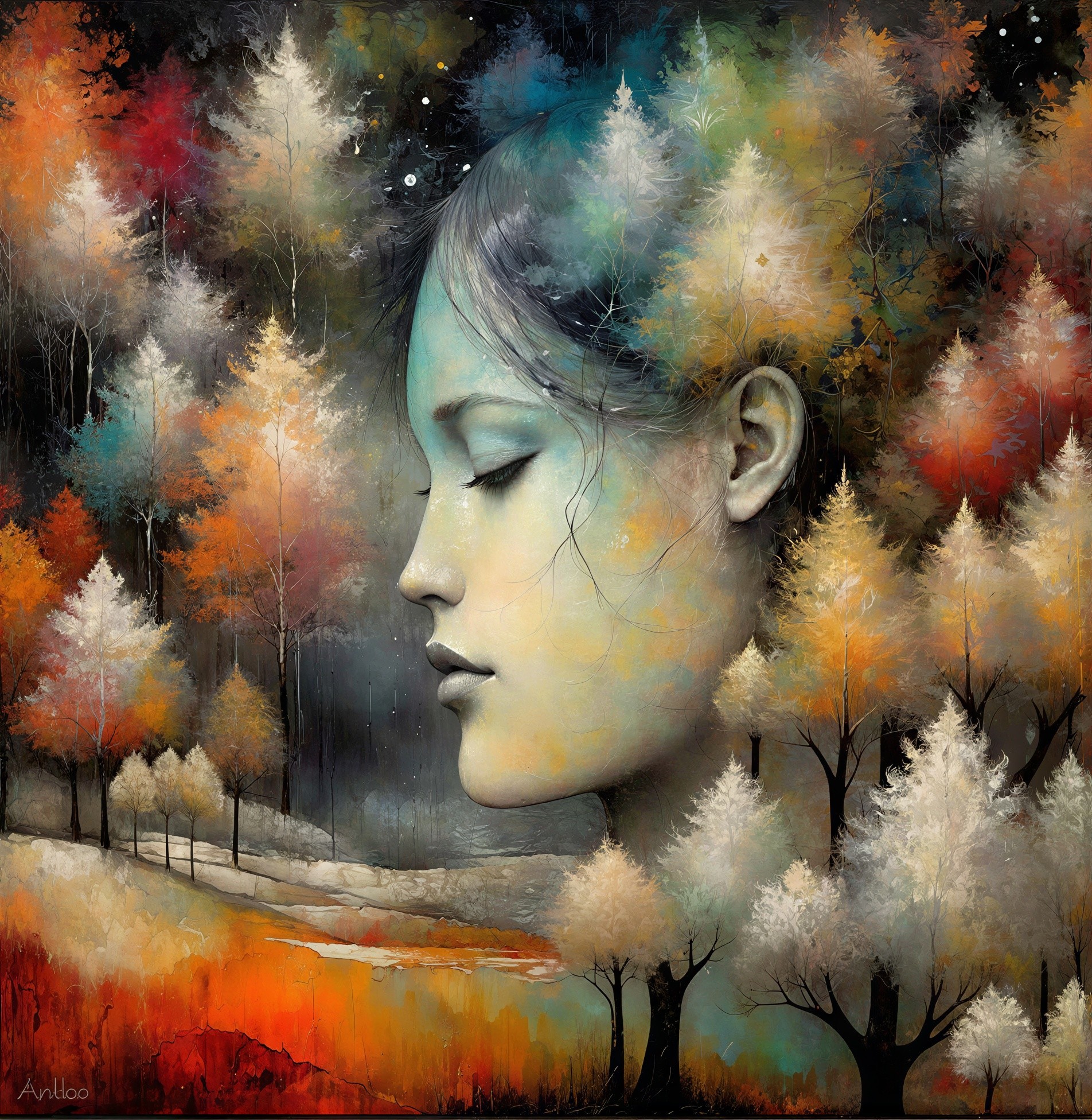 Surreal Oil Painting of a Woman's Face and Forest