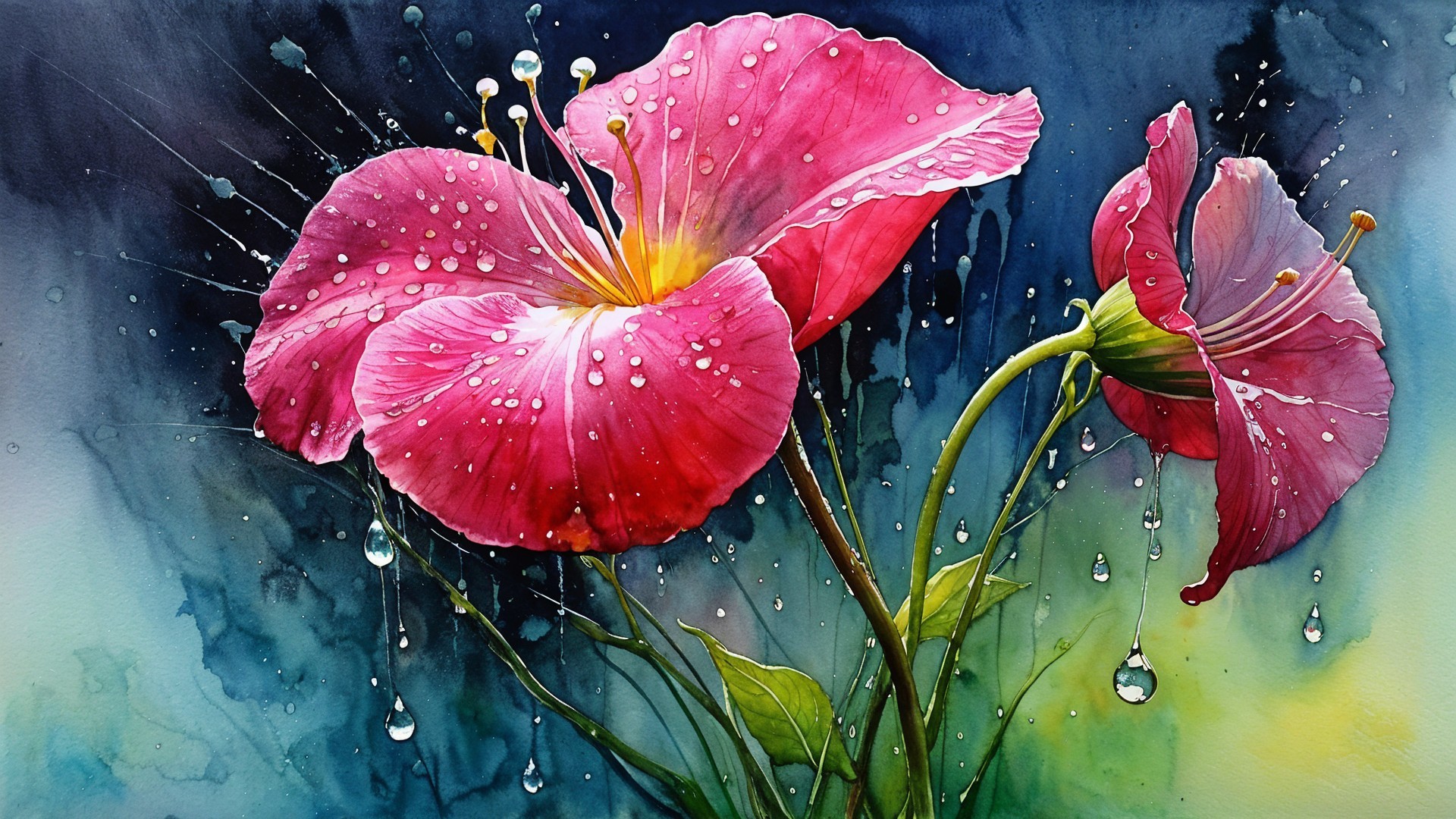 Watercolor Painting of Pink Flowers with Blue-Green Background