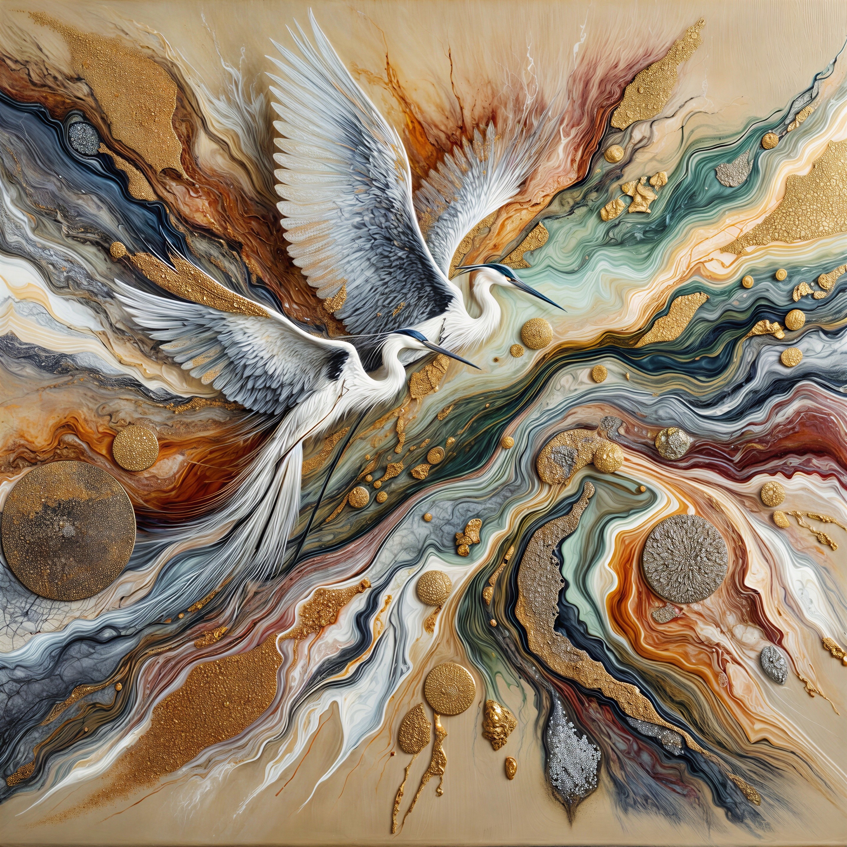 Elegant white herons in a colorful abstract composition