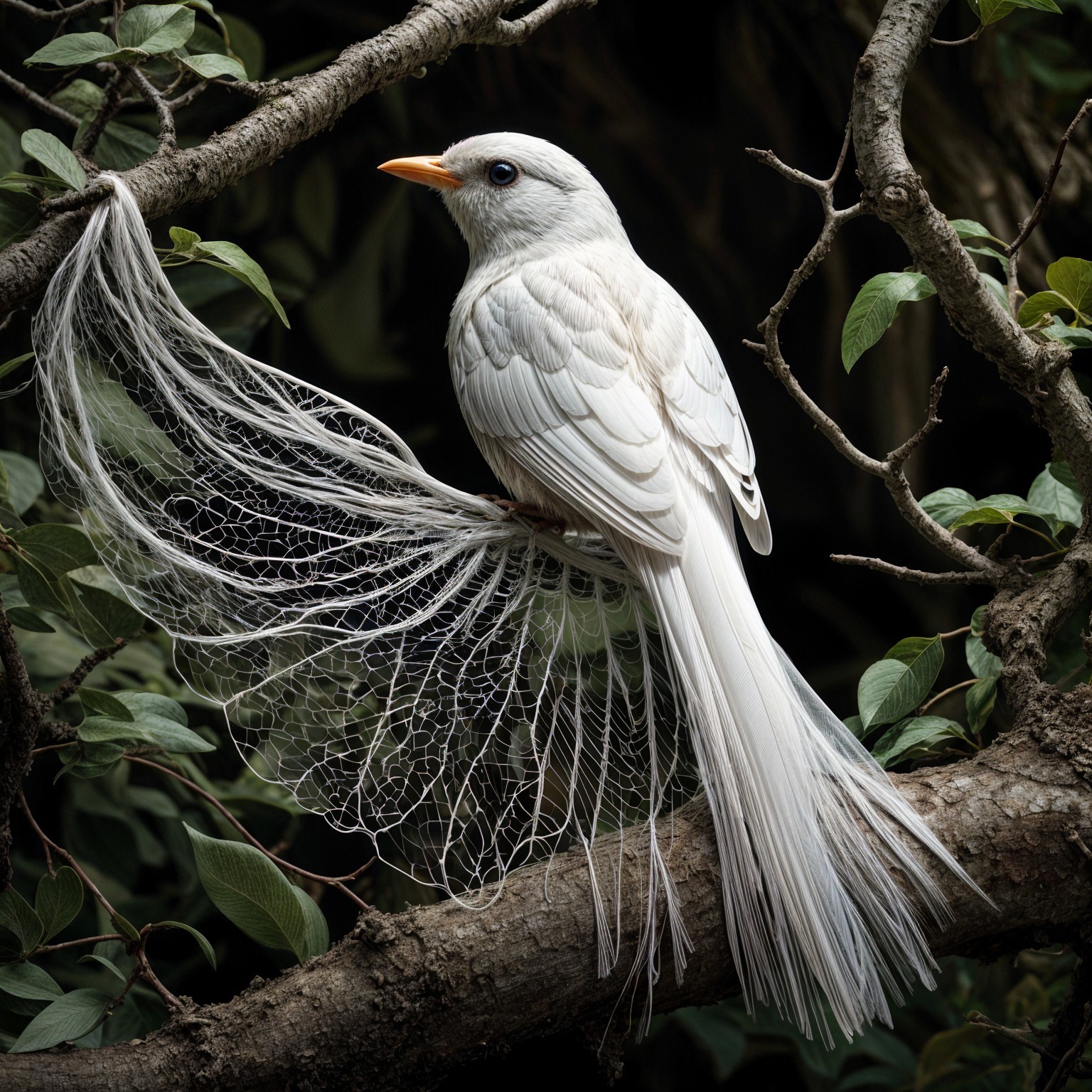 White Bird on Twisted Branch with Ethereal Cobwebs