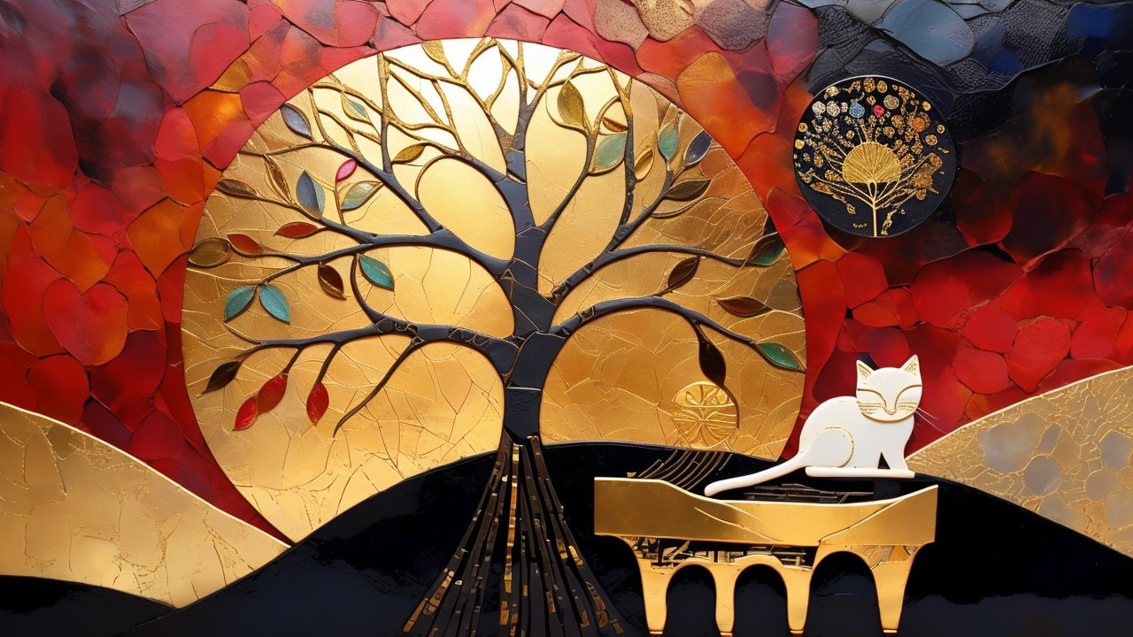 Vibrant Mixed-Media Artwork of a Golden Tree and Cat