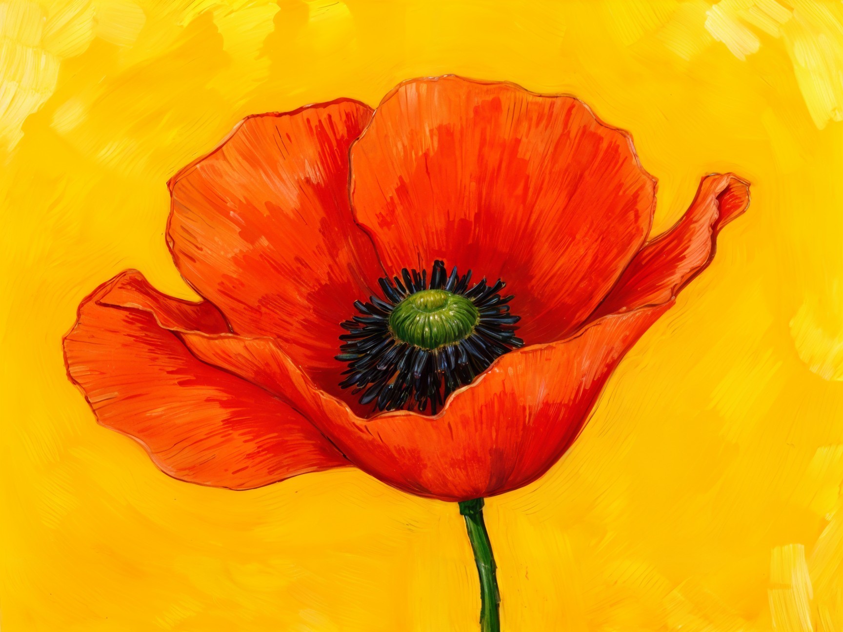Vibrant Red Poppy on Bright Yellow Background